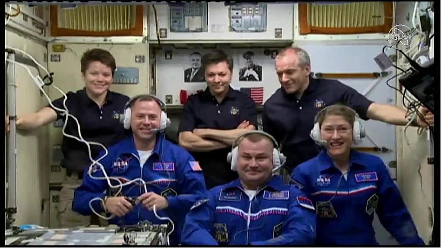 Figure 105: Expedition 59 crew members Anne McClain, Oleg Kononenko, and David Saint-Jacques welcome their new crew members, Nick Hague, Christina Koch, and Alexey Ovchinin, who arrived to the International Space Station on 14 March 2019 (image credit: NASA TV)