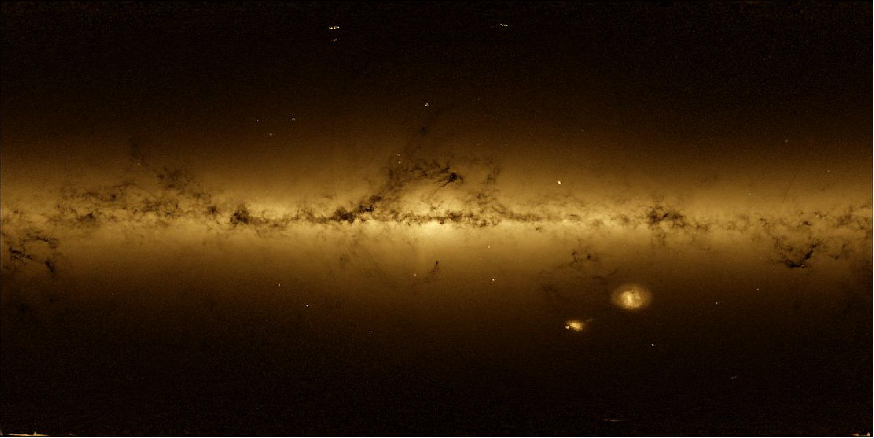 Figure 77: These engineering data have been accumulated over 18 months and combined to create a ‘map' of the observed star densities, from which a beautiful and ghostly virtual image of our magnificent Milky Way galaxy can be discerned, showing the attendant globular clusters and Magellanic clouds (image credit: ESA)
