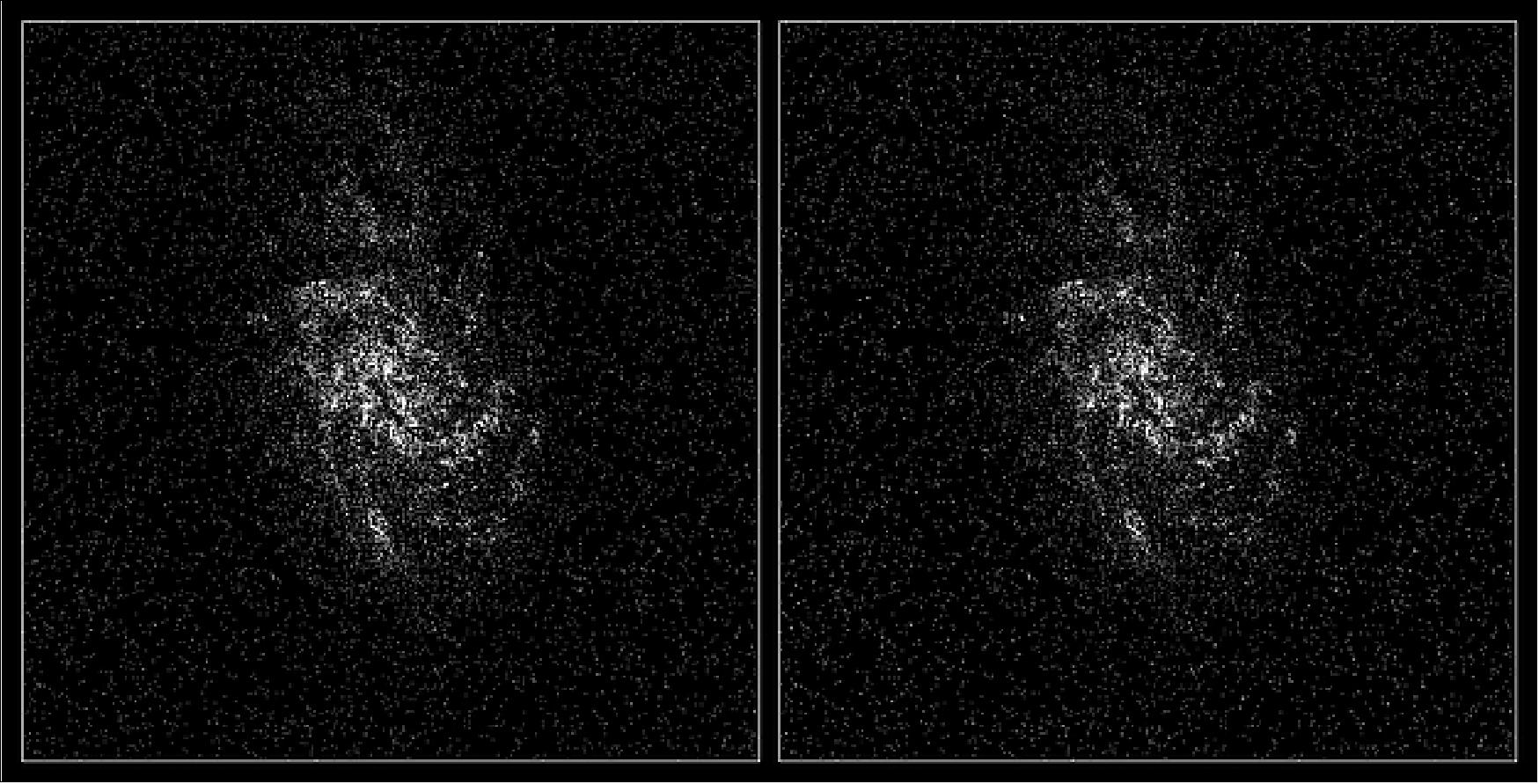 Figure 59: The Triangulum galaxy, or M33, a galactic neighbor to our Milky Way, as viewed by ESA's Gaia satellite after its first 14 months of operations. These views are not photographs but were compiled by mapping the total density of stars (left) and the total amount of radiation, or flux (right), detected by Gaia in each pixel (image credit: ESA/Gaia/DPAC)