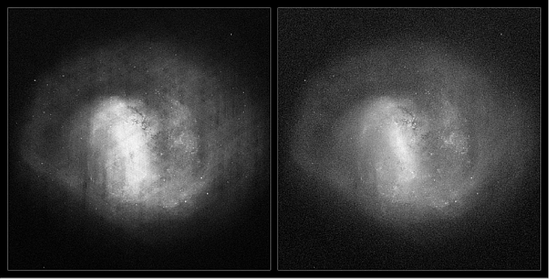 Figure 57: LMC, one of the nearest galaxies to our Milky Way, as viewed by ESA's Gaia satellite after its first 14 months of operations. These views are not photographs but were compiled by mapping the total density of stars (left) and the total amount of radiation, or flux (right), detected by Gaia in each pixel (image credit: ESA/Gaia/DPAC)