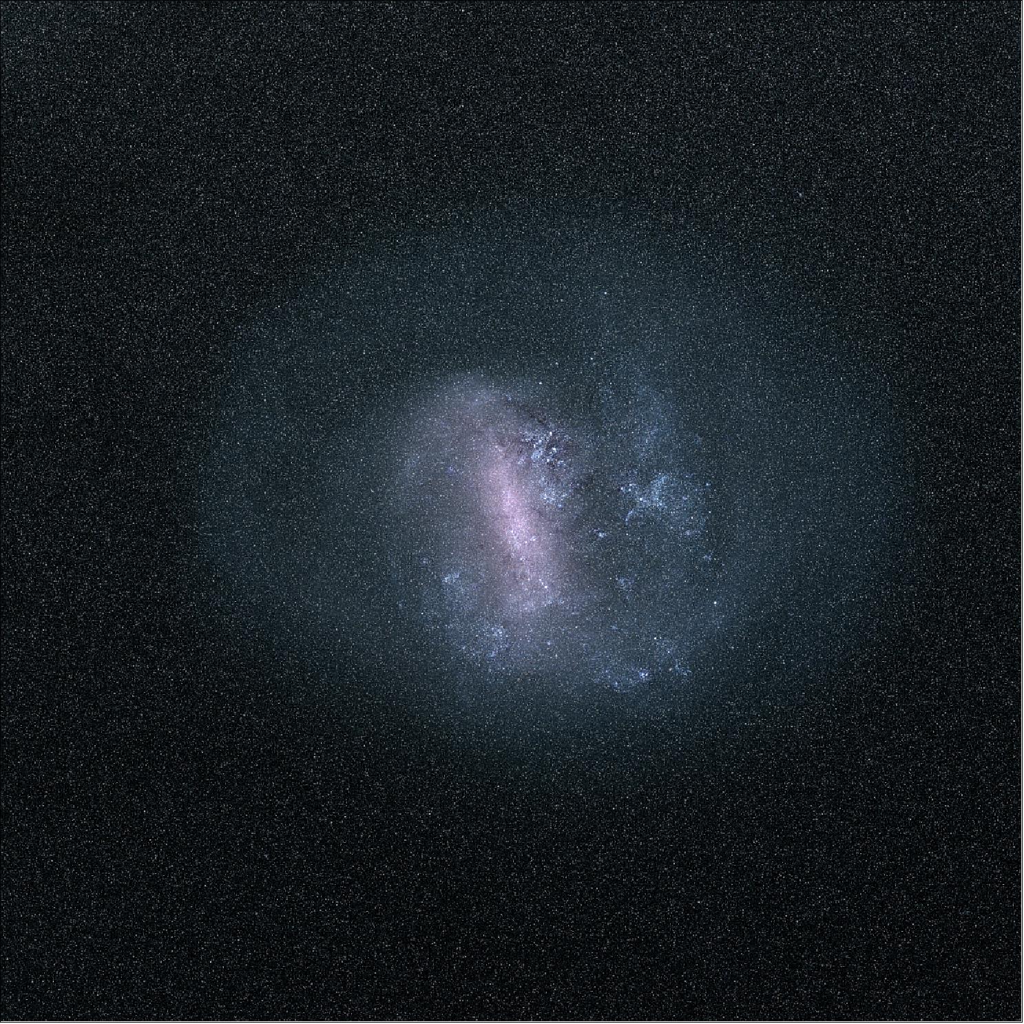 Figure 36: The Large Magellanic Cloud (LMC), one of the nearest galaxies to our Milky Way, as viewed by ESA's Gaia satellite using information from the mission's second data release. This view is not a photograph but has been compiled by mapping the total amount of radiation detected by Gaia in each pixel, combined with measurements of the radiation taken through different filters on the spacecraft to generate color information [image credit: ESA/Gaia/DPAC (Data Processing and Analysis Consortium); A. Moitinho / A. F. Silva / M. Barros / C. Barata, University of Lisbon, Portugal; H. Savietto, Fork Research, Portugal]