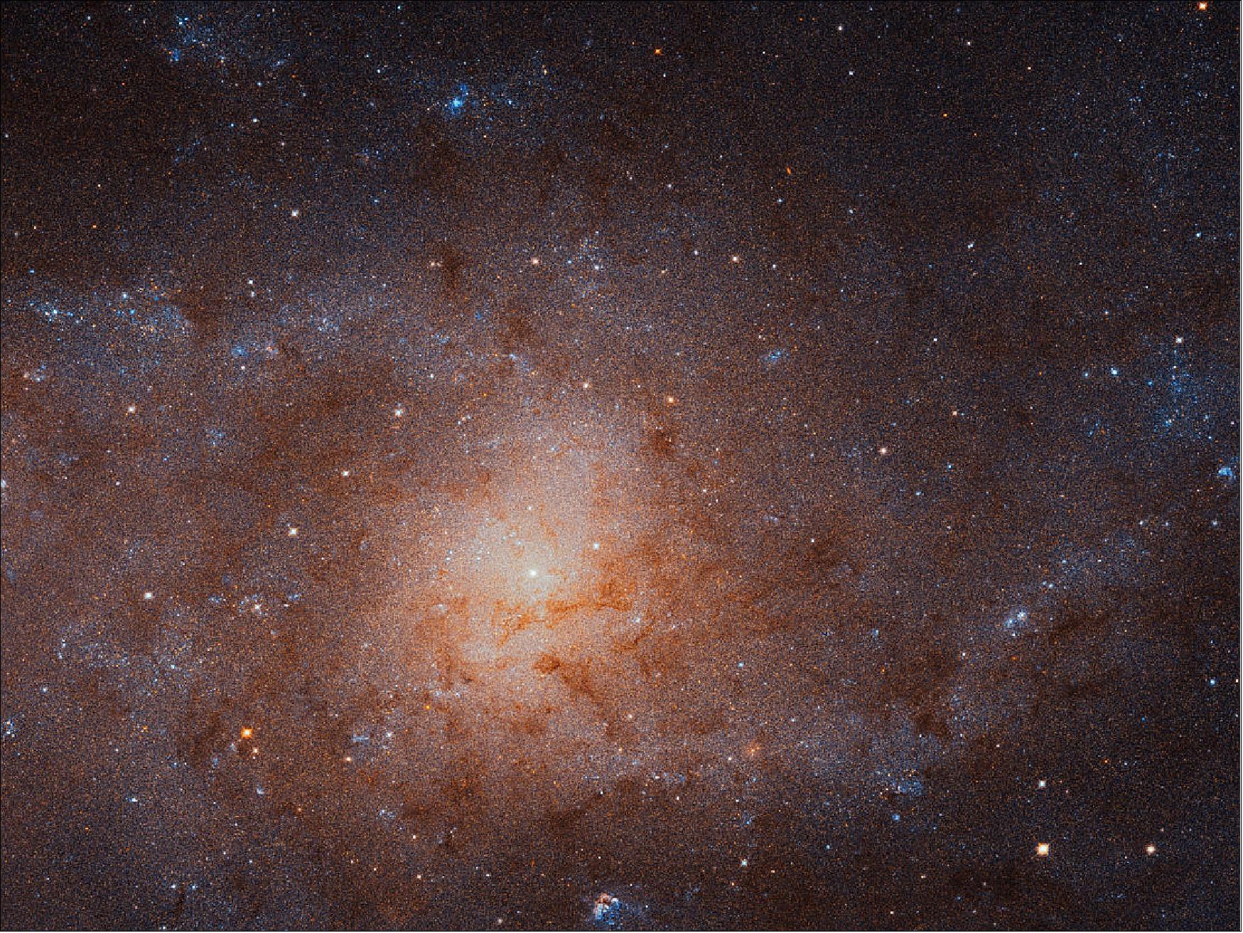 Figure 24: This gigantic image of the Triangulum Galaxy — also known as Messier 33 — is a composite of about 54 different pointings with Hubble's Advanced Camera for Surveys. With a staggering size of 34,372 x 19,345 pixels, it is the second-largest image ever released by Hubble. It is only dwarfed by the image of the Andromeda Galaxy, released in 2015. The mosaic of the Triangulum Galaxy showcases the central region of the galaxy and its inner spiral arms. Millions of stars, hundreds of star clusters and bright nebulae are visible (image credit: NASA, ESA, and M. Durbin, J. Dalcanton, and B. F. Williams (University of Washington); CC BY 4.0)