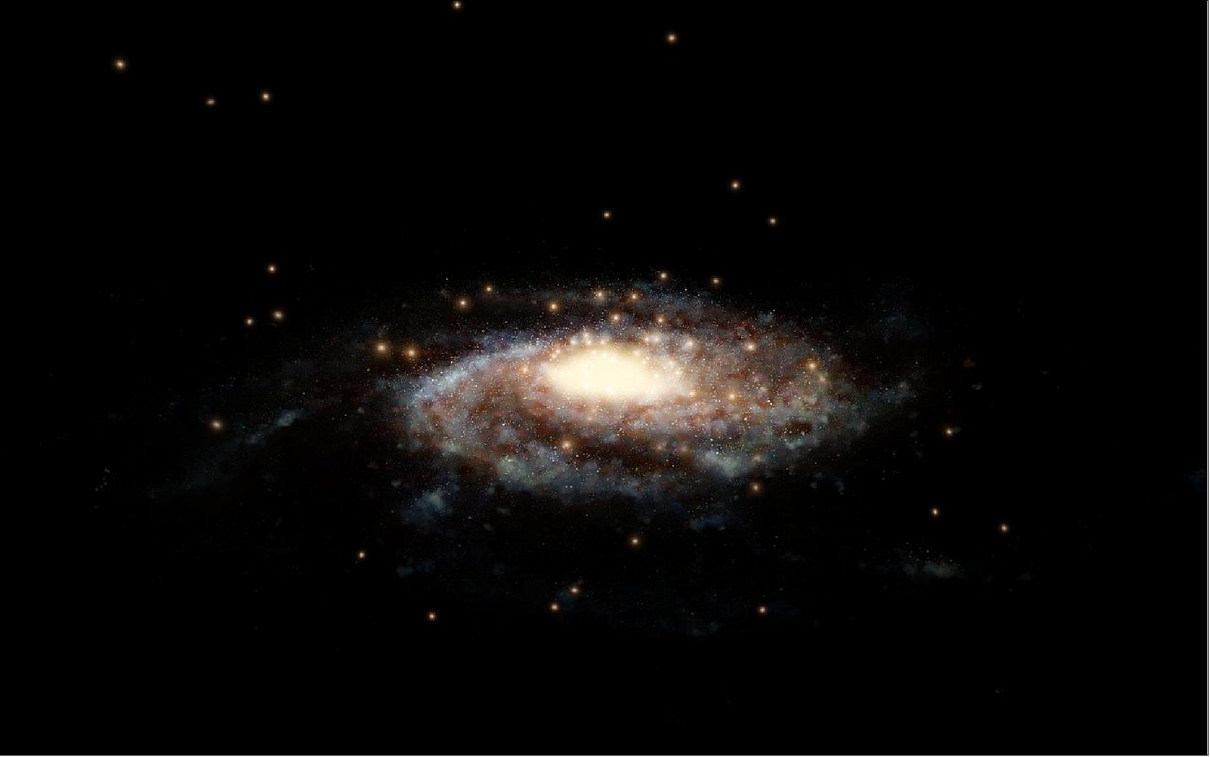 Figure 20: This artist's impression shows a computer generated model of the Milky Way and the accurate positions of the globular clusters used in this study surrounding it. Scientists used the measured velocities of these 44 globular clusters to determine the total mass of the Milky Way, our cosmic home. Satellite: Hubble Space Telescope (image credit: ESA/Hubble, NASA, L. Calçada)