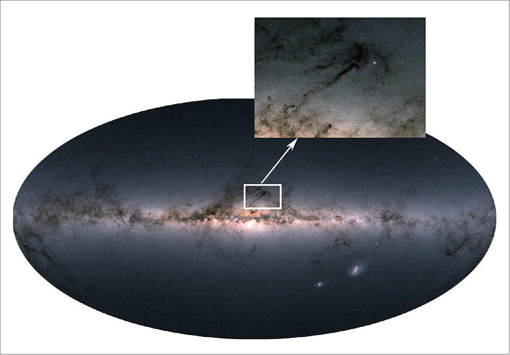 Figure 13: The region of the stellar formation Rho Ophiuchi observed by ESA Gaia satellite. The shining dots are stellar clusters with the massive and youngest stars of the region. The dark filaments track the gas and dust distribution, where the new stars are born. This is not a conventional photographic image but the result of the integration of all the received radiation by the satellite during the 22 months of continuous measurements through different filters on the spacecraft (image credit: ESA/Gaia/DPAC, CC BY-SA 3.0 IGO)