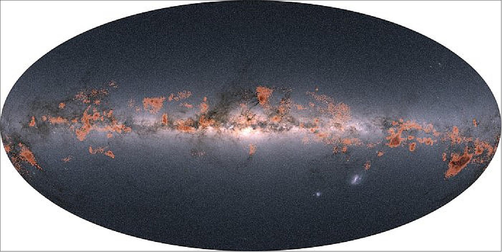 Figure 4: This image shows a view of stellar ‘families' – clusters and co-moving groups of stars in the Milky Way – identified using data from the second data release of ESA's Gaia mission. Families younger than 30 million years are highlighted in orange, on top of an all-sky view based on Gaia observations [image credit: ESA/Gaia/DPAC; Data: M. Kounkel & K. Covey (2019)]