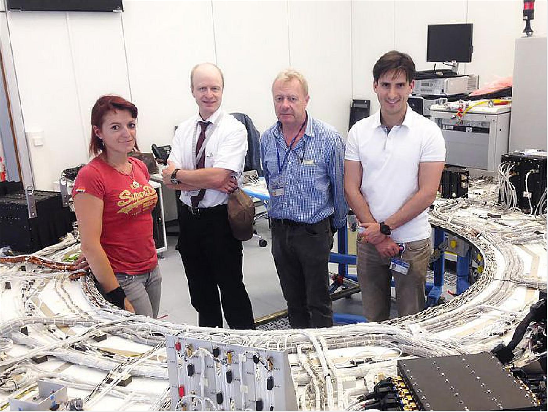 Figure 87: Photo of the Gaia avionics model at ESOC to be used by flight control personnel. In the image (L-R): Sonia Perez, Andreas Rudolph, Kevin Kewin, Guillermo Lorenzo (image credit: ESA/L. Guilpain - CC BY-SA IGO 3.0)