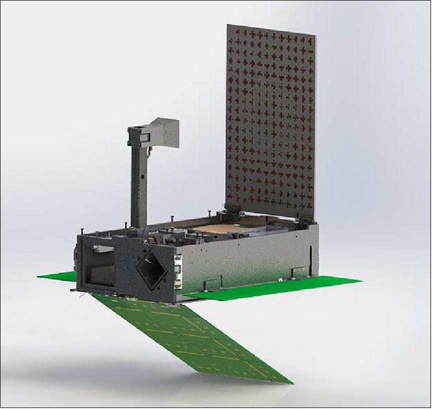 Figure 2: Model of CU-E3 CubeSat with primary feedhorn/reflect array and solar cells deployed (image credit: CU)