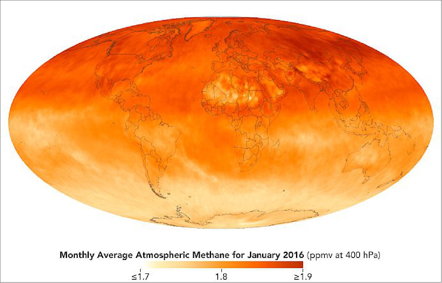 Figure 121: The methane data are from the AIRS (Atmospheric Infrared Sounder) on the Aqua mission acquired in the period January 1-31, 2016 and from in situ measurements (image credit: NASA Earth Observatory, Joshua Stephens)