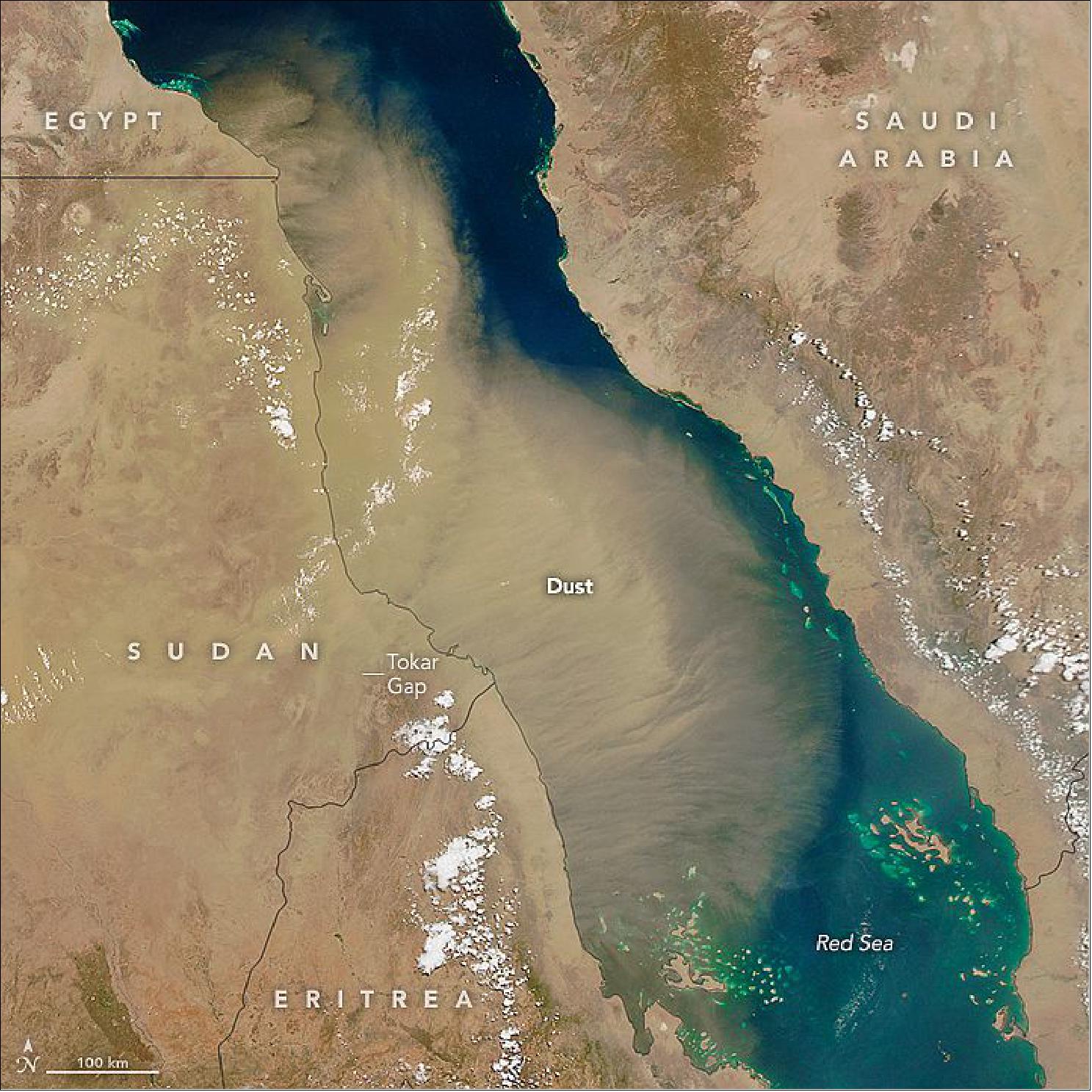 Figure 120: The MODIS instrument of NASA's Aqua satellite acquired this dust storm over the Red Sea on June 15, 2016 at 11:05 UTC (image credit: NASA Earth Observatory, image by Jeff Schmaltz)