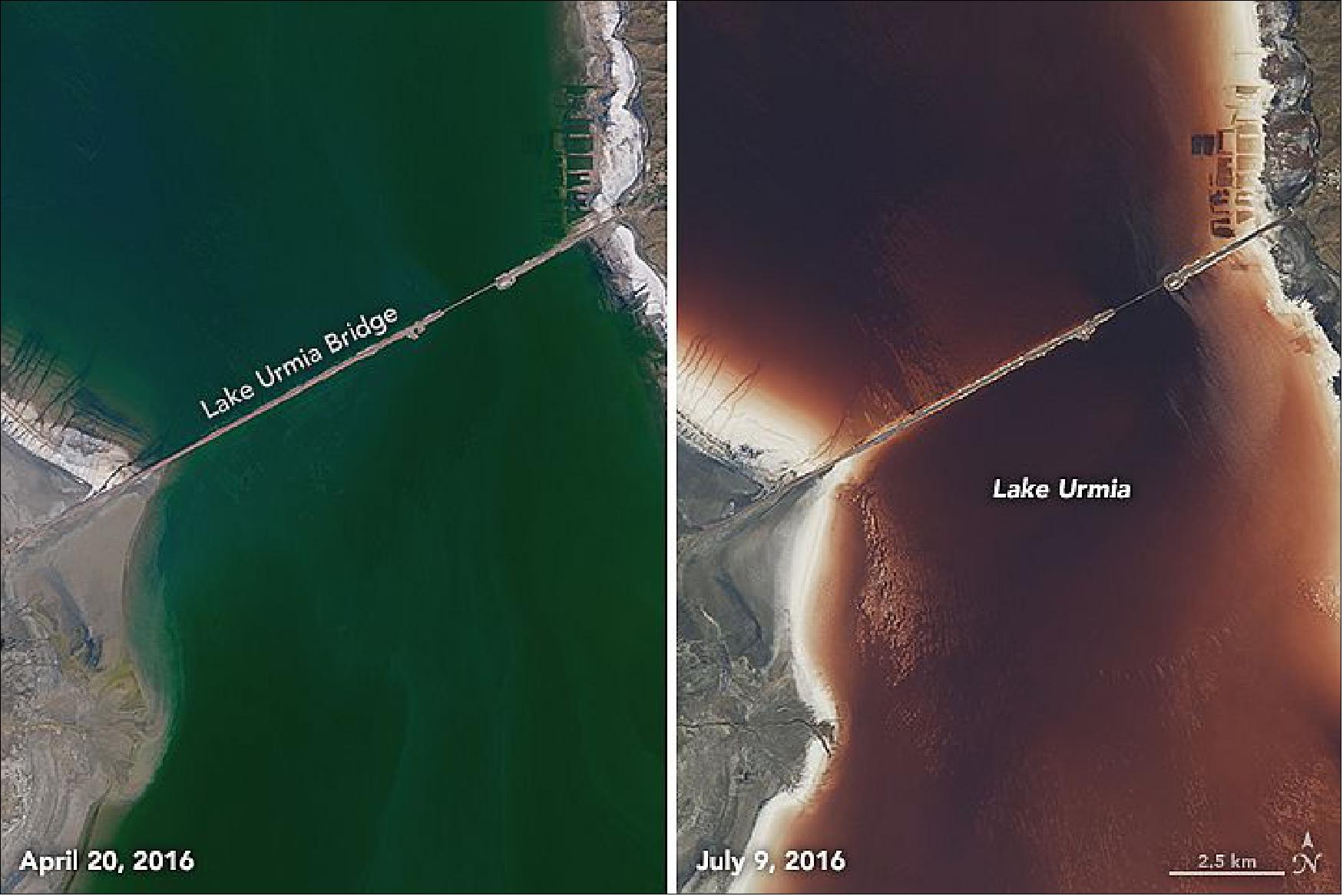 Figure 119: Detail image of Lake Urmia, captured with OLI (Operational Land Imager) of Landsat-8 on April 20 and July 9, 2016 (image credit: NASA Earth Observatory, images by Joshua Stevens using USGS data)