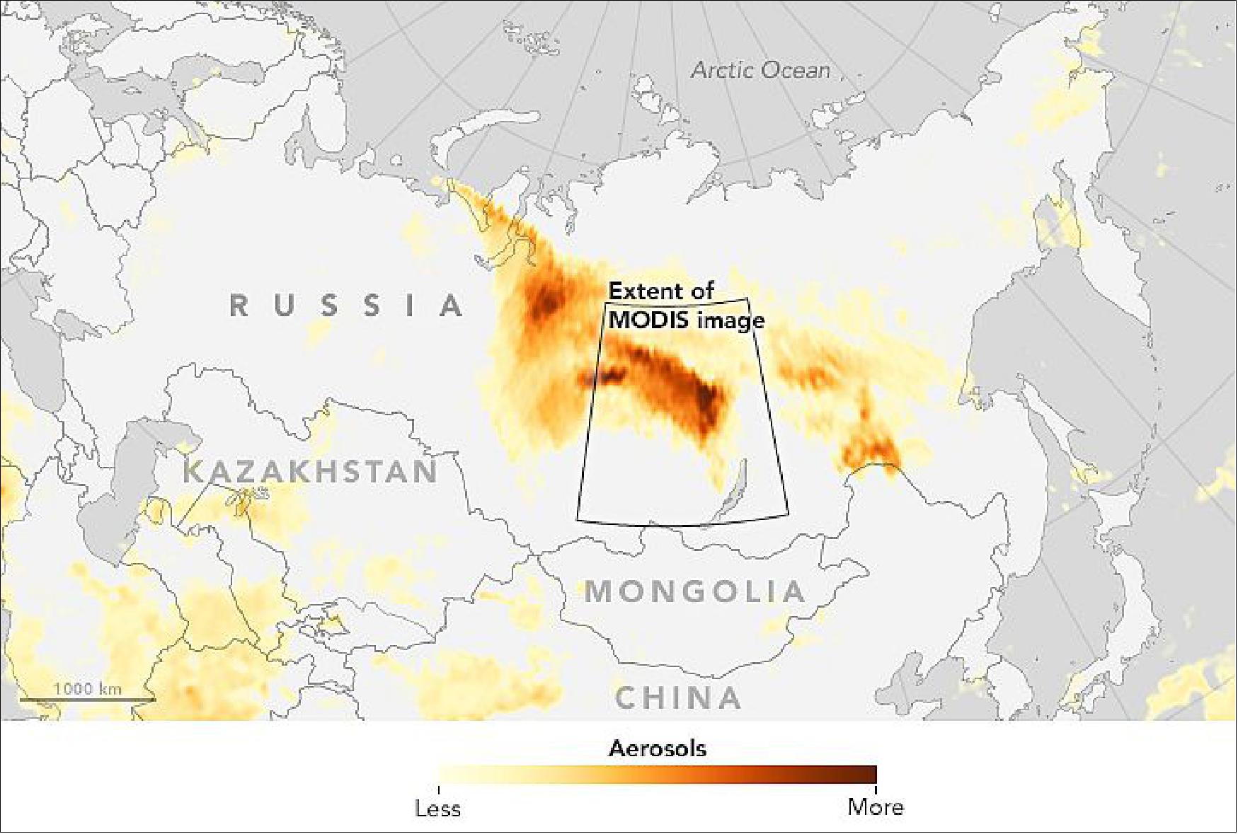 Figure 117: Aerosol concentrations over Russia acquired on Sept. 18, 2016 by the OMPS instrument on Suomi-NPP. High concentrations are represented with shades of deep red; the lowest concentrations are shades of light yellow (image credit: NASA Earth Observatory, image by Jeff Schmaltz)