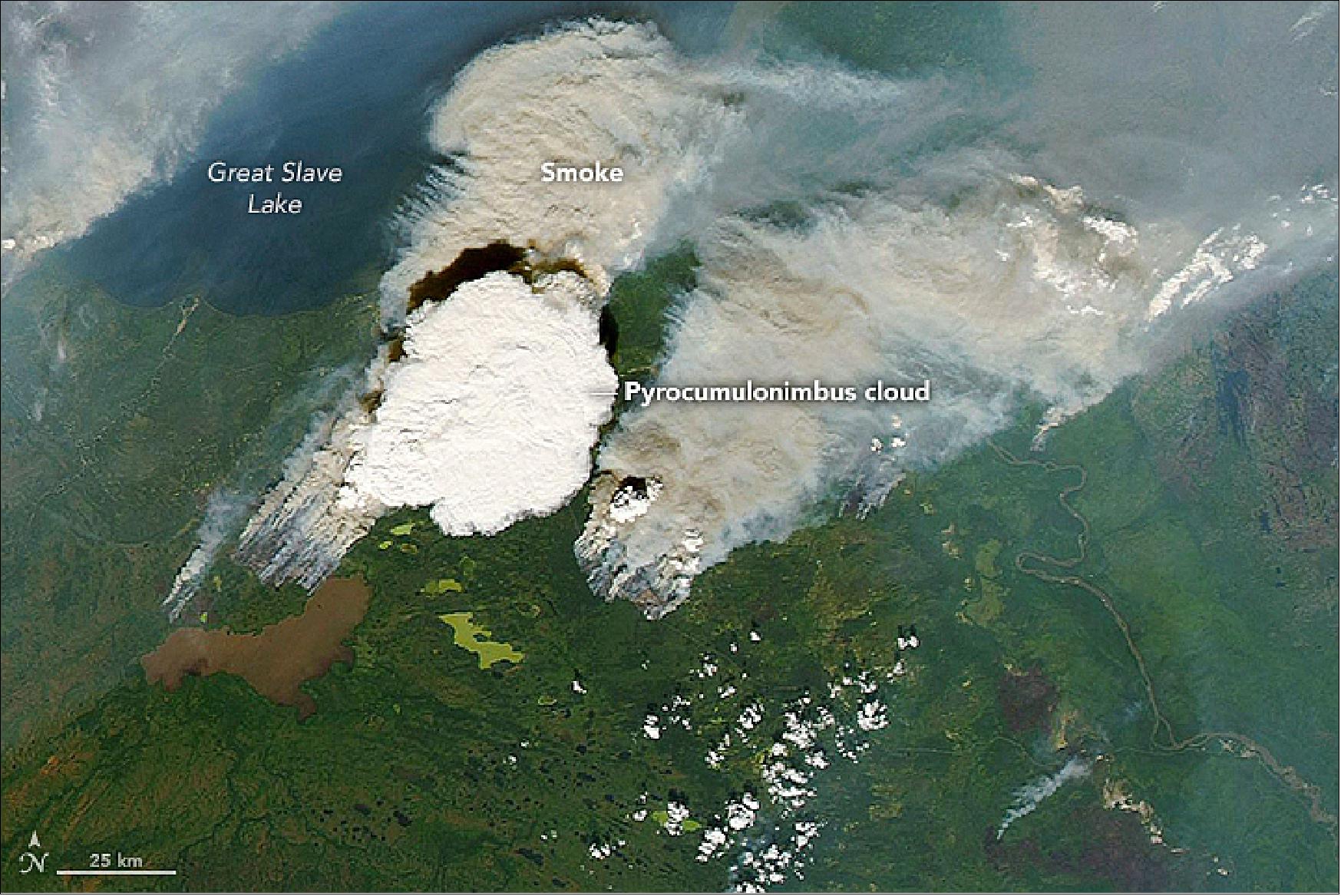 Figure 111: Energy from the Sun-warmed ground is not the only way to get air masses to lift, cool, and form clouds. That energy can also come from the heat of a volcano or, in this case, fire. NASA's Aqua satellite captured this image of a pyrocumulonimbus cloud on August 5, 2014, south of Yellowknife, Canada (image credit: NASA Earth Observatory, images by Joshua Stevens and Jeff Schmaltz, using MODIS data from LANCE/EOSDIS Rapid Response)
