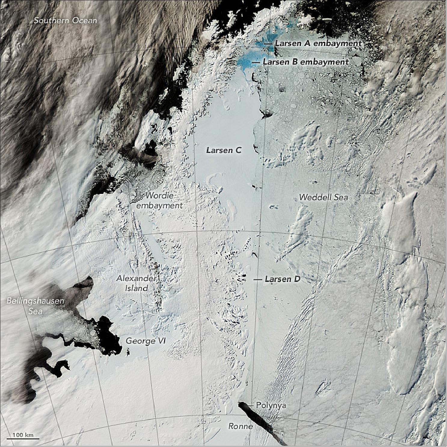Figure 110: The MODIS instrument on Aqua captured this image of the Antarctic Peninsula on January 8 , 2016 (image credit: NASA Earth Observatory, image by Jesse Allen, caption by Adam Voiland)