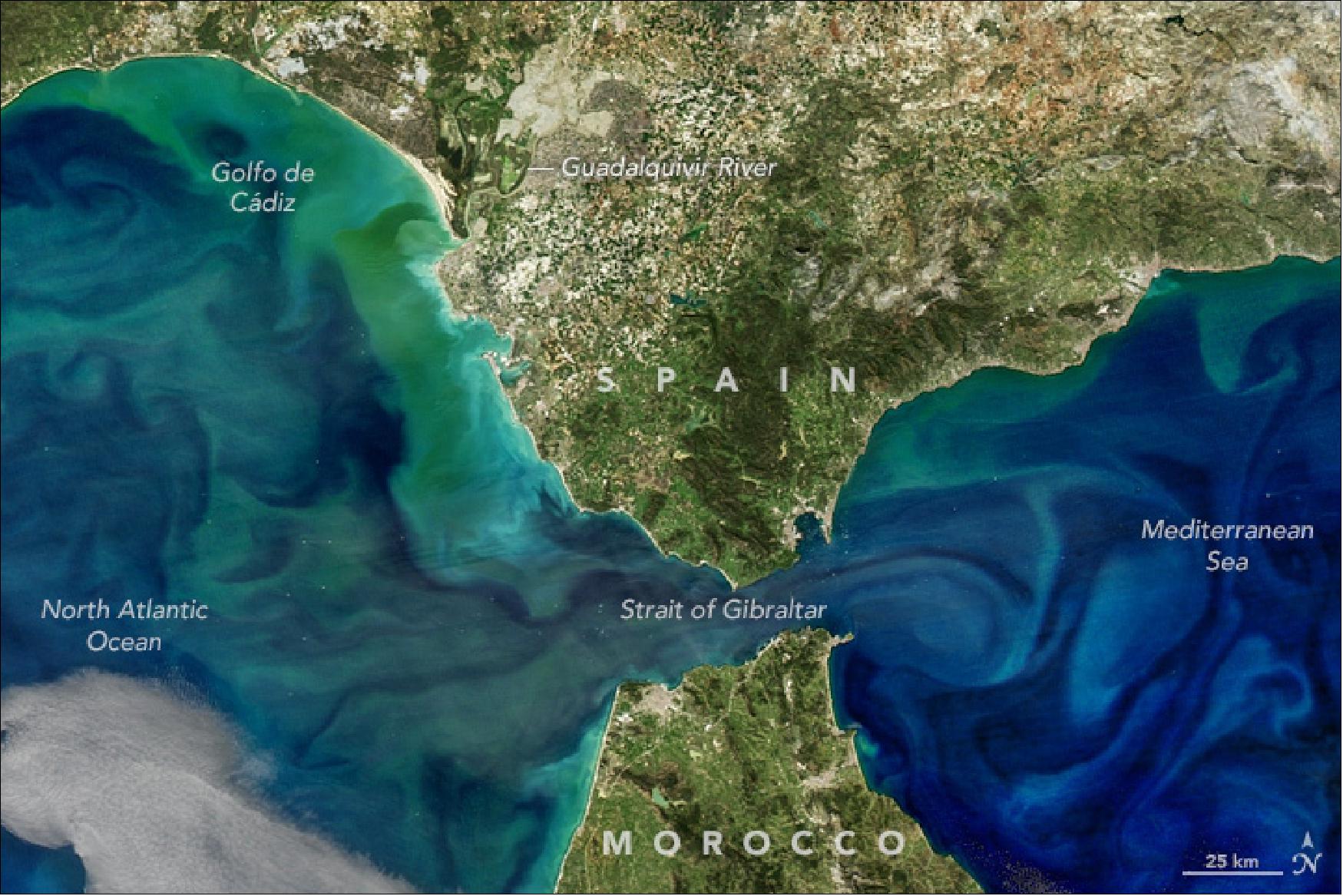 Figure 108: MODIS and VIIRS observations on Aqua and Suomi NPP, respectively, showing water conditions near the Strait of Gibraltar, acquired on March 8, 2017 (image credit: NASA Earth Observatory, image by Norman Kuring, text by Kathryn Hansen)