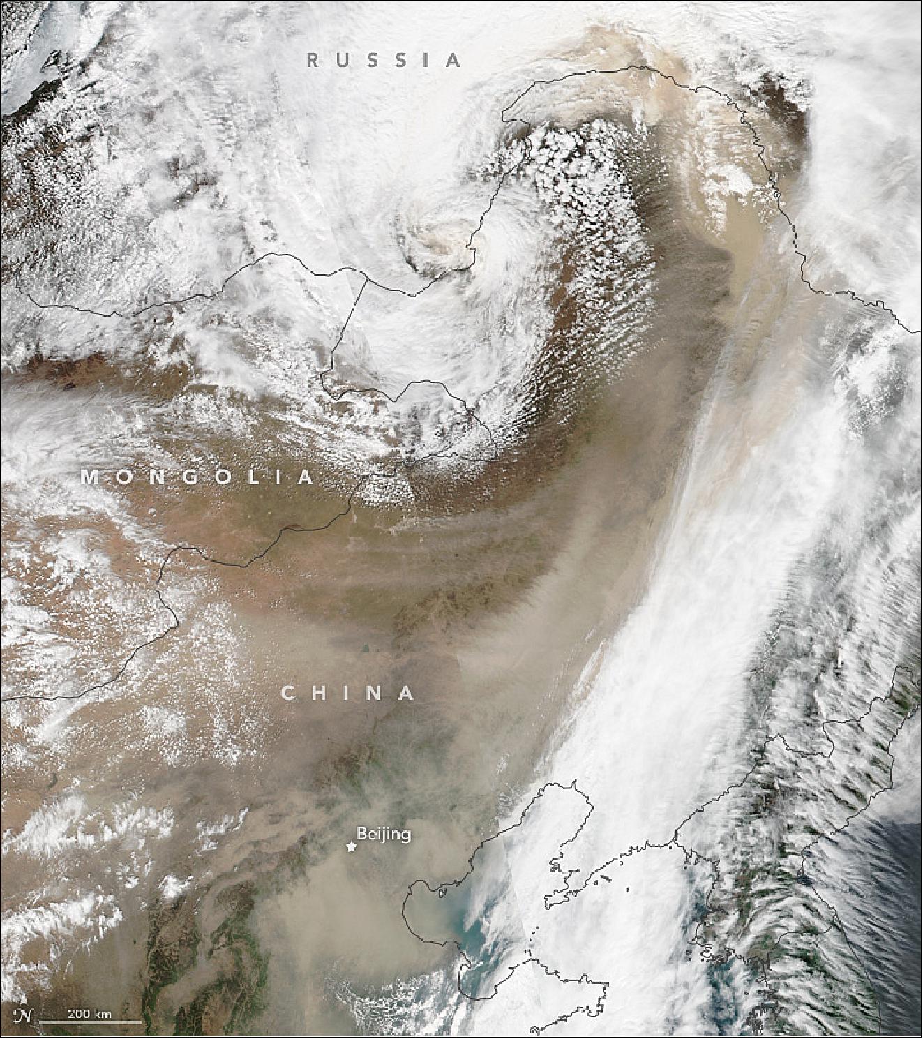 Figure 106: VIIRS image on Suomi NPP, acquired on May 4, 2017, showing skies thick with dust across much of northeastern China (image credit: NASA Earth Observatory, image by Jeff Schmaltz, caption by Adam Voiland)