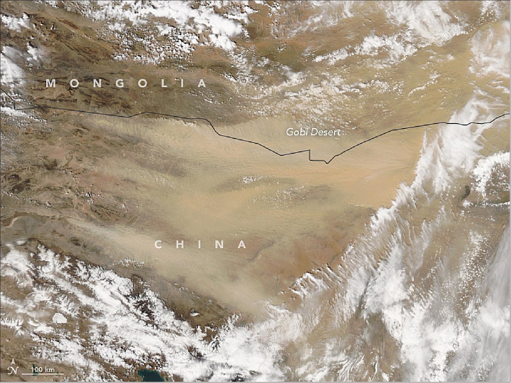 Figure 105: MODIS image of a major dust storm in northern China acquired on May 3, 2017 (image credit: NASA Earth Observatory, image by Jeff Schmaltz, caption by Adam Voiland)