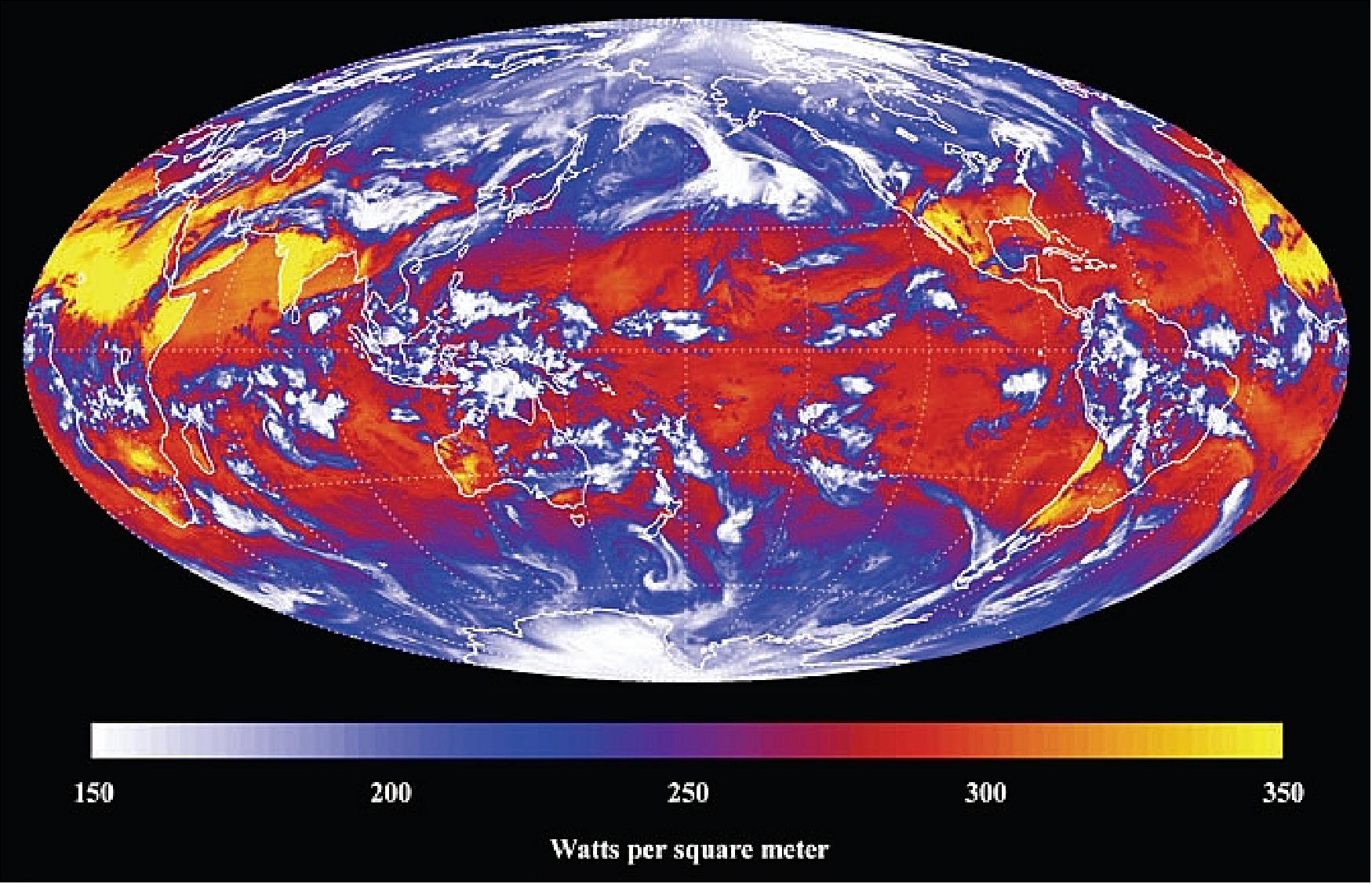Figure 135: Outgoing longwave radiation, March 18, 2011, as derived from Aqua CERES data (image credit: Tak Wong and the CERES Science Team)