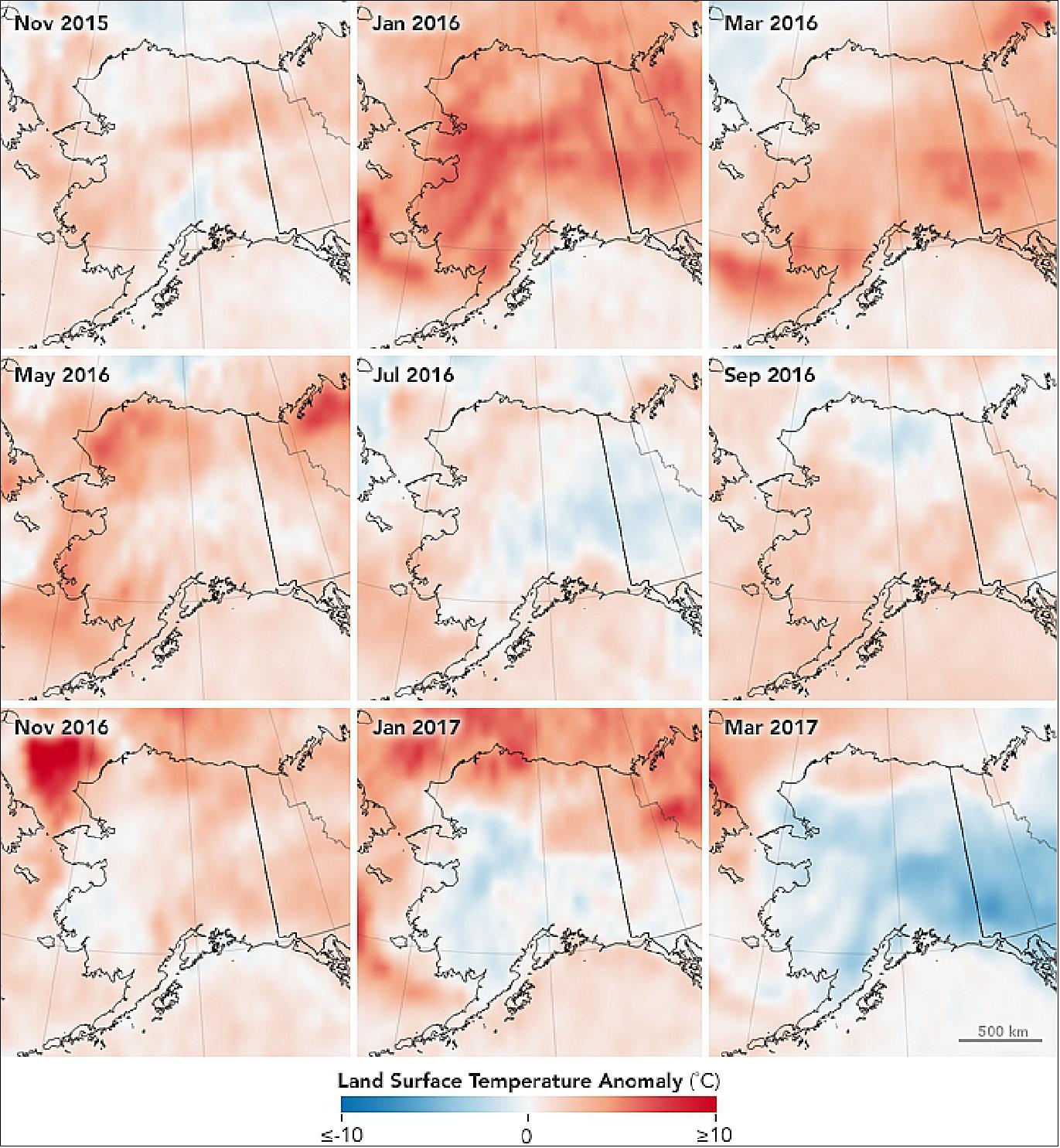 Figure 104: Alaska LSTs observed by the AIRS instrument on NASA's Aqua satellite in the period November 2015 to March 2017 (image credit: NASA Earth Observatory, images by Jesse Allen using AIRS LST data provided by the AIRS Team)