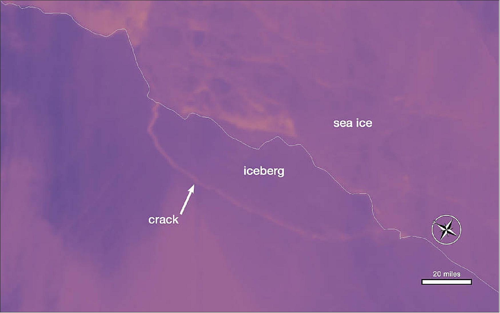 Figure 98: Thermal wavelength image of a large iceberg, which has calved off the Larsen C ice shelf. Darker colors are colder, and brighter colors are warmer, so the rift between the iceberg and the ice shelf appears as a thin line of slightly warmer area. Image from July 12, 2017, from the MODIS instrument on NASA's Aqua satellite (image credit: NASA Worldview)