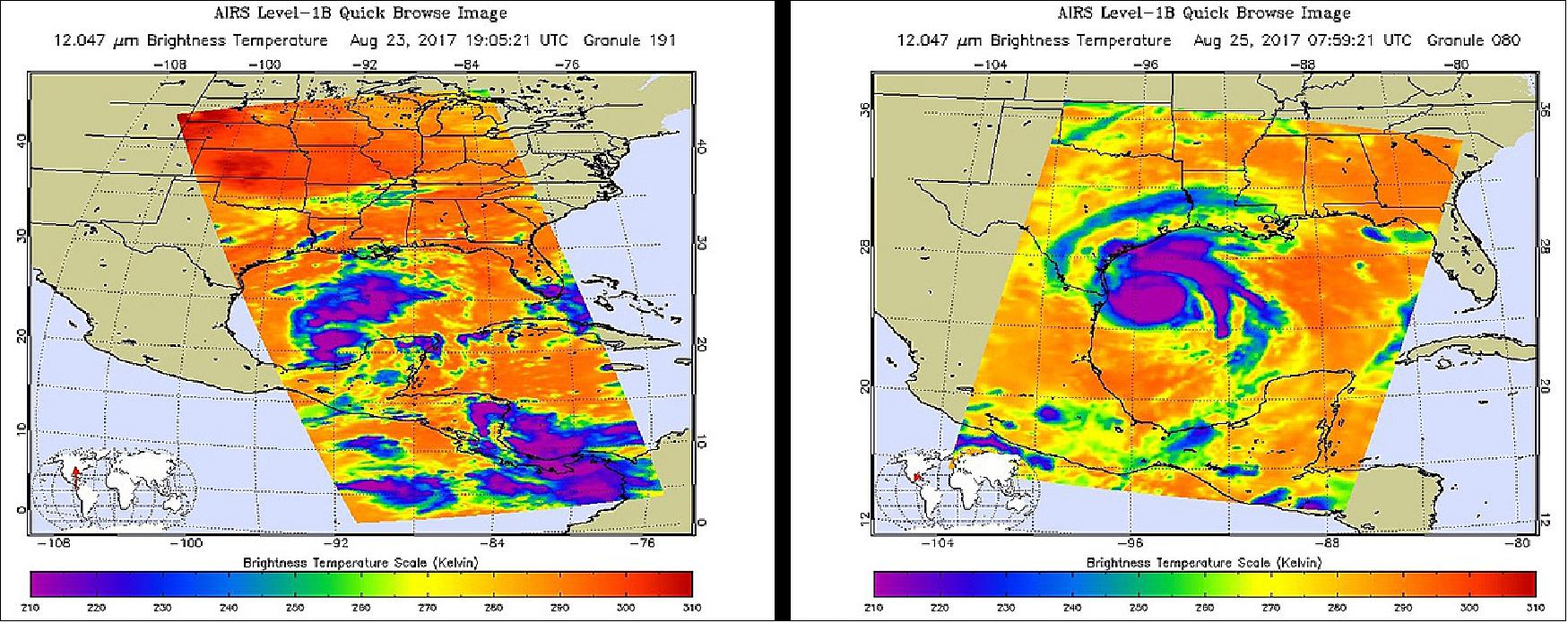 Figure 96: Hurricane Harvey as seen by the AIRS infrared instrument on NASA’s Aqua satellite at 3 p.m. CDT on Wednesday, Aug. 23 (left) and at 3 a.m. CDT on Friday, Aug. 25 (right). The darker the color, the colder and higher the clouds and the stronger the thunderstorms (image credit: NASA/JPL-Caltech)