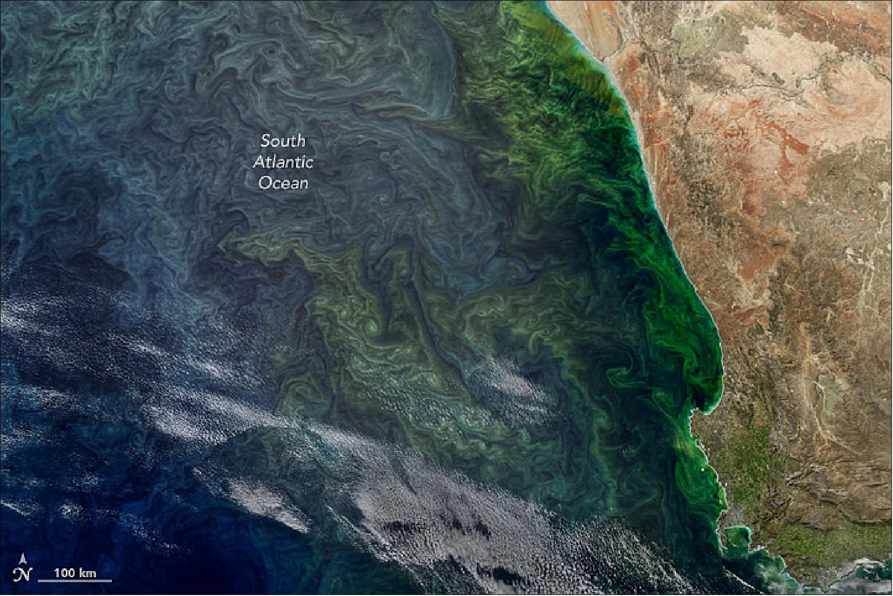 Figure 93: MODIS image of the south-west coast of Africa and the South Atlantic Ocean acquired on 2 September 2017 (image credit: NASA Earth Observatory, images by Jesse Allen, using data from the Level 1 and LAADS (Atmospheres Active Distribution System), and ocean imagery by Norman Kuring, NASA’s Ocean Color web, story by Mike Carlowicz)