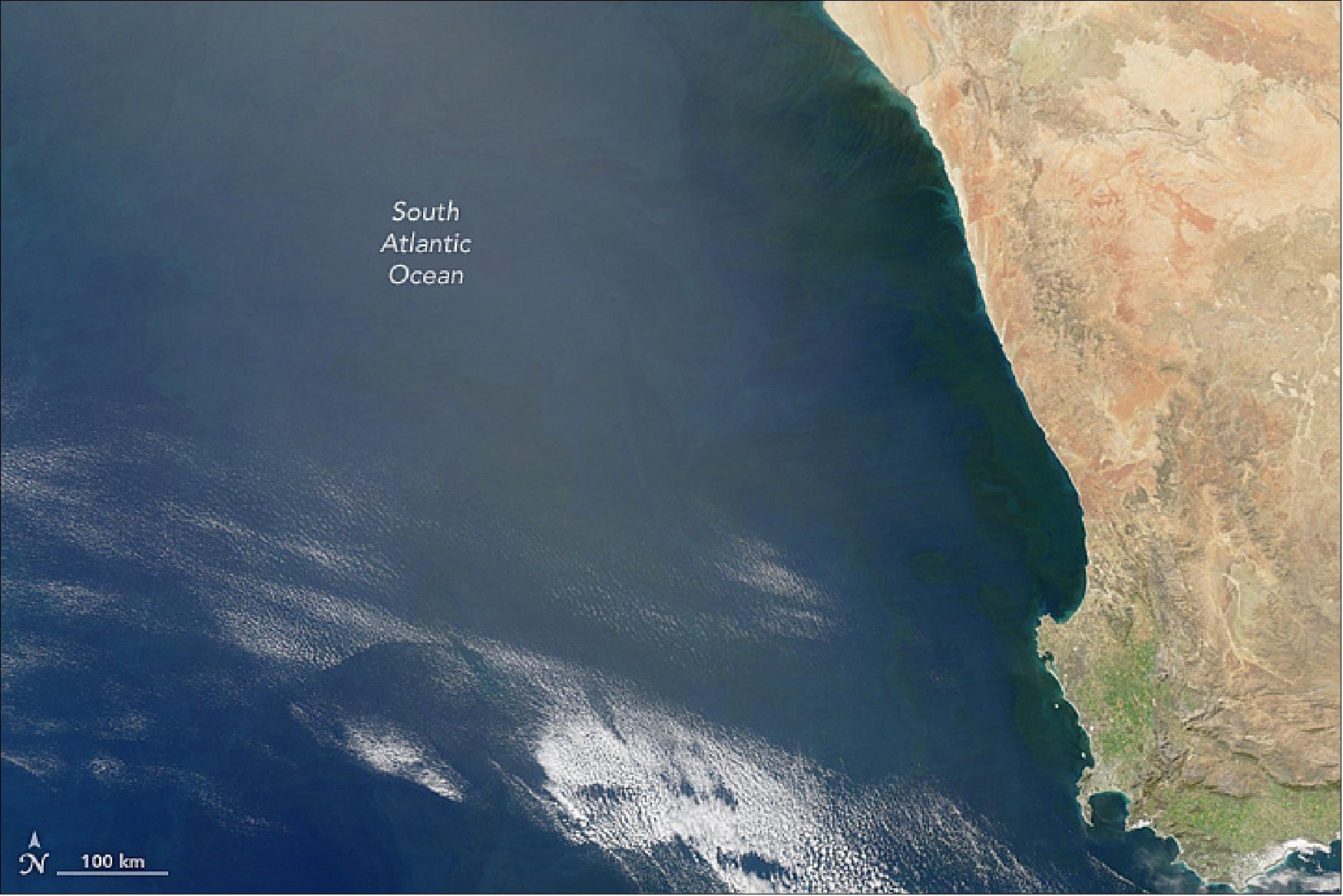 Figure 91: MODIS image of the south-west coast of Africa and the South Atlantic Ocean acquired on 2 September 2017 (image credit: NASA Earth Observatory, images by Jesse Allen, using data from the Level 1 and LAADS (Atmospheres Active Distribution System), and ocean imagery by Norman Kuring, NASA’s Ocean Color web, story by Mike Carlowicz)