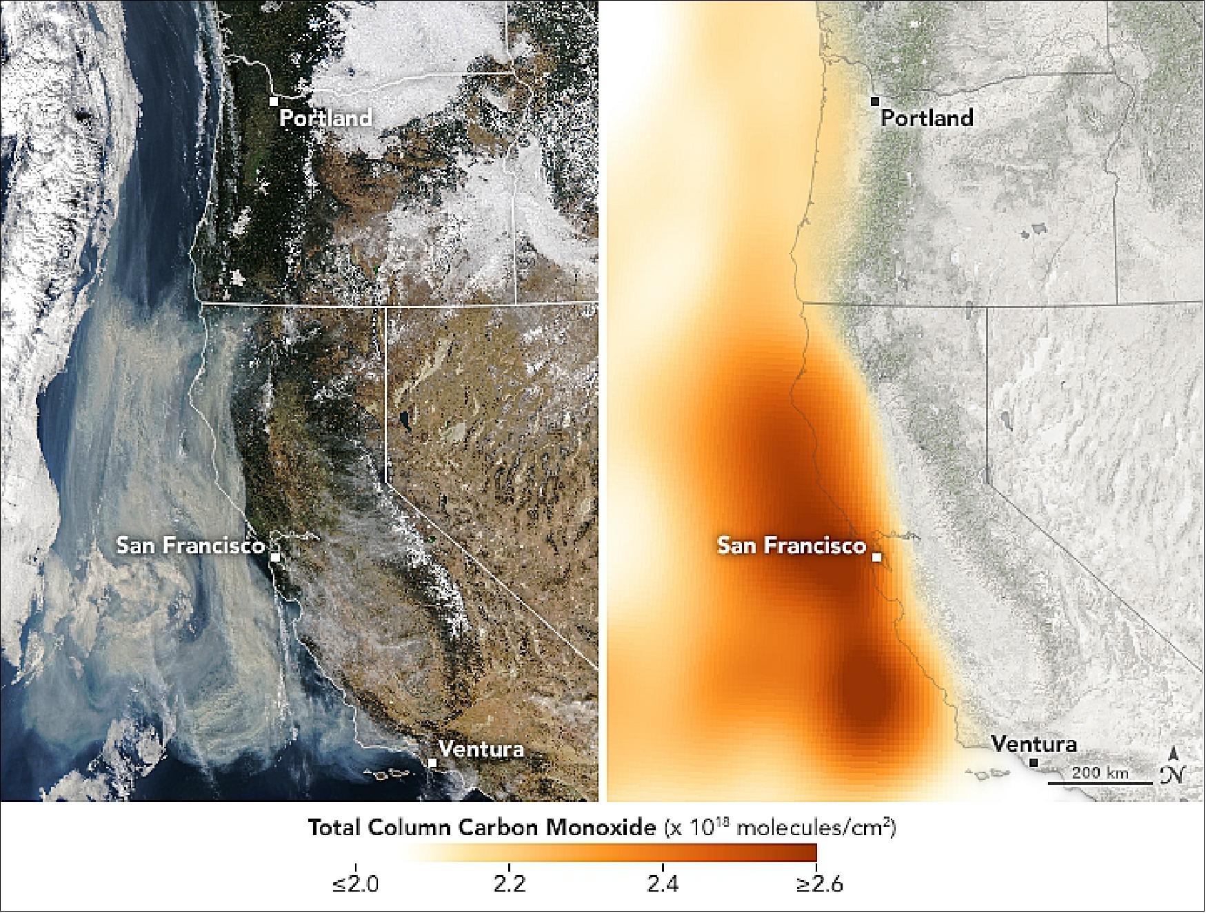 Figure 86: The left map is a MODIS natural color image of the Ventura fire, the corresponding right map shows the concentration of carbon monoxide in the area acquired with AIRS. Aqua acquired these data on 11 Dec. 2017 (image credit: NASA Earth Observatory, images by Joshua Stevens, using MODIS data from LANCE/EOSDIS Rapid Response and AIRS data from the Goddard Earth Sciences Data and Information Services Center (GES DISC), story by Kathryn Hansen)