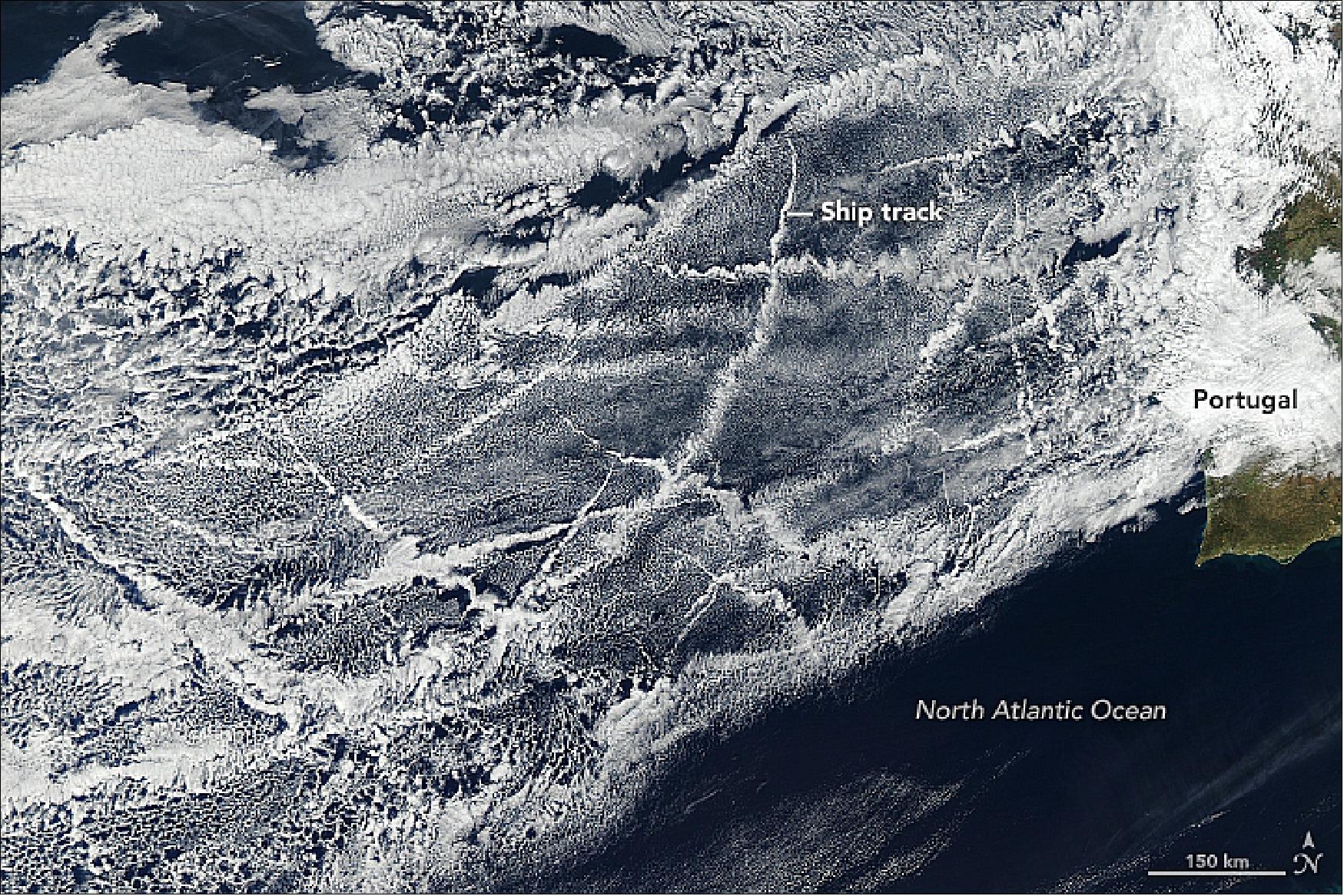 Figure 85: The MODIS instrument aboard the Aqua satellite captured this natural-color image on 16 January 2018, crisscrossing cloud trails off the coast of Portugal and Spain (image credit: NASA Earth Observatory, image by Jeff Schmaltz, LANCE/EOSDIS Rapid Response. Story by Adam Voiland)