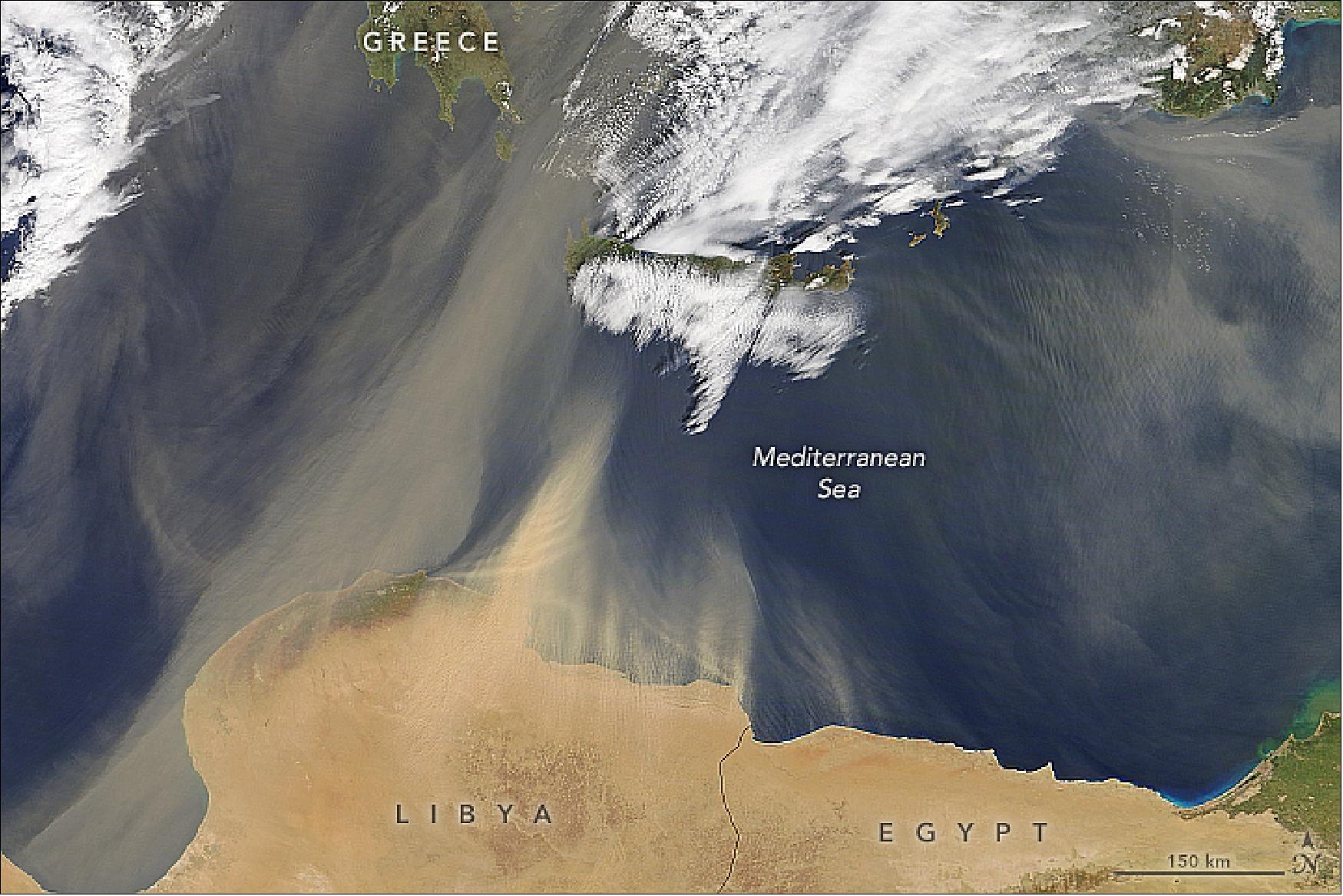 Figure 78: The MODIS instrument on NASA's Terra satellite acquired this image, a natural-color view of dust from North Africa blowing across the Mediterranean Sea on March 26, 2018 (image credit: NASA Earth Observatory, images by Jeff Schmaltz, LANCE/EOSDIS Rapid Response. Story by Mike Carlowicz)