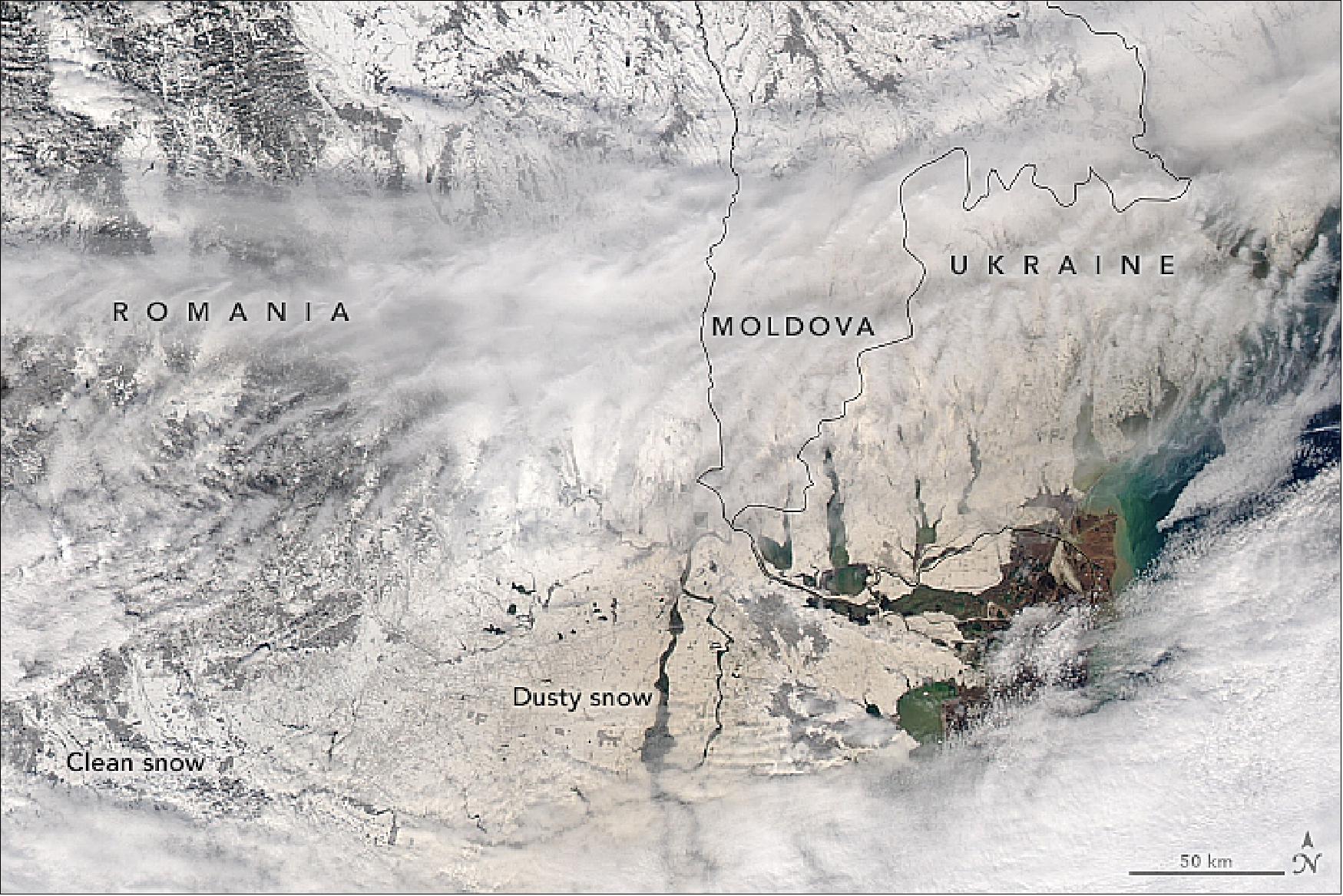 Figure 77: MODIS image on Aqua, acquired on 24 March 2018 showing the dusty snow over Eastern Europe (image credit: NASA Earth Observatory, images by Jeff Schmaltz, LANCE/EOSDIS Rapid Response. Story by Mike Carlowicz)