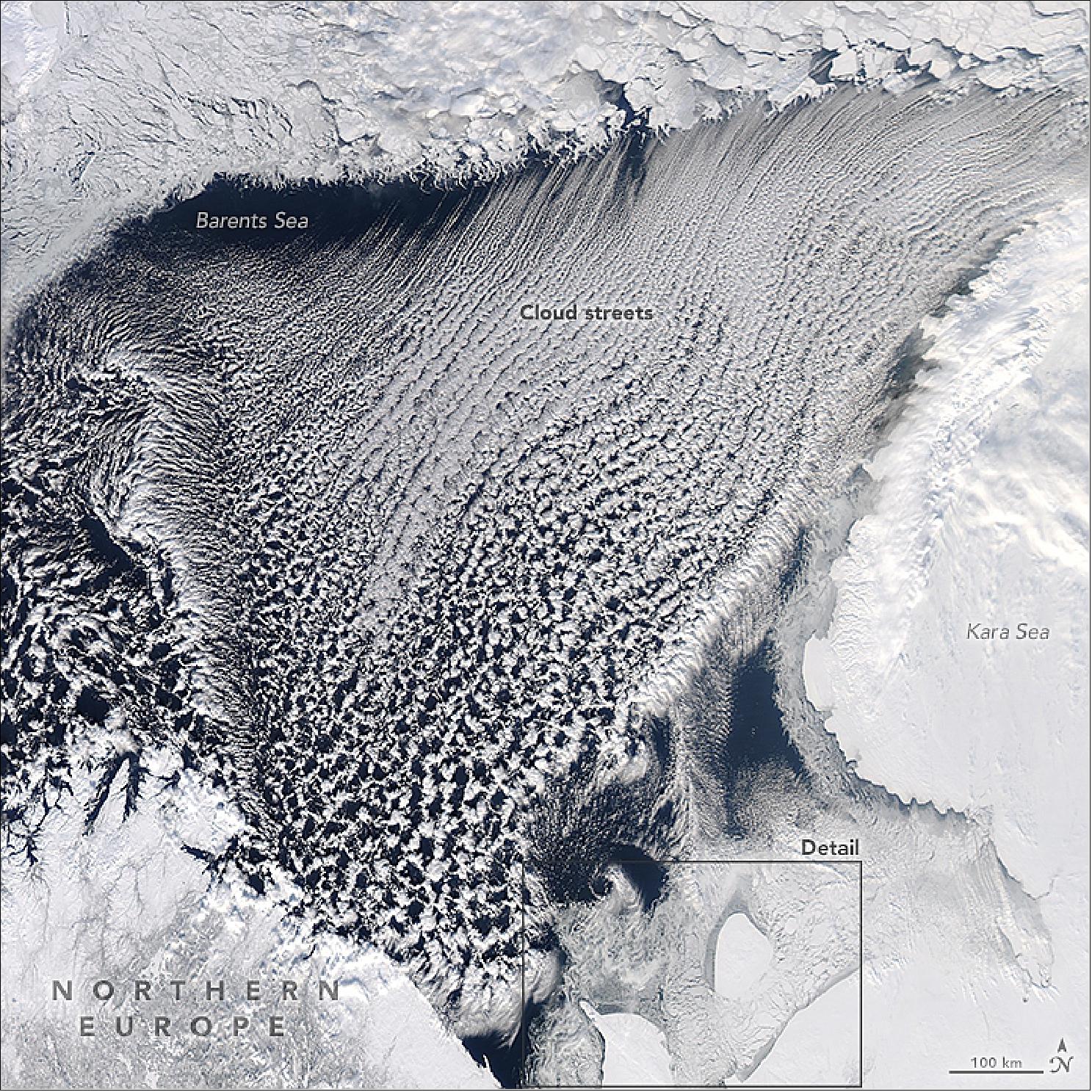 Figure 75: The MODIS instrument acquired this image of cloud streets over the Barents Sea on 15 March 2018 (image credit: NASA Earth Observatory, images by Jeff Schmaltz, using MODIS data from LANCE/EOSDIS Rapid Response, caption by Kathryn Hansen)