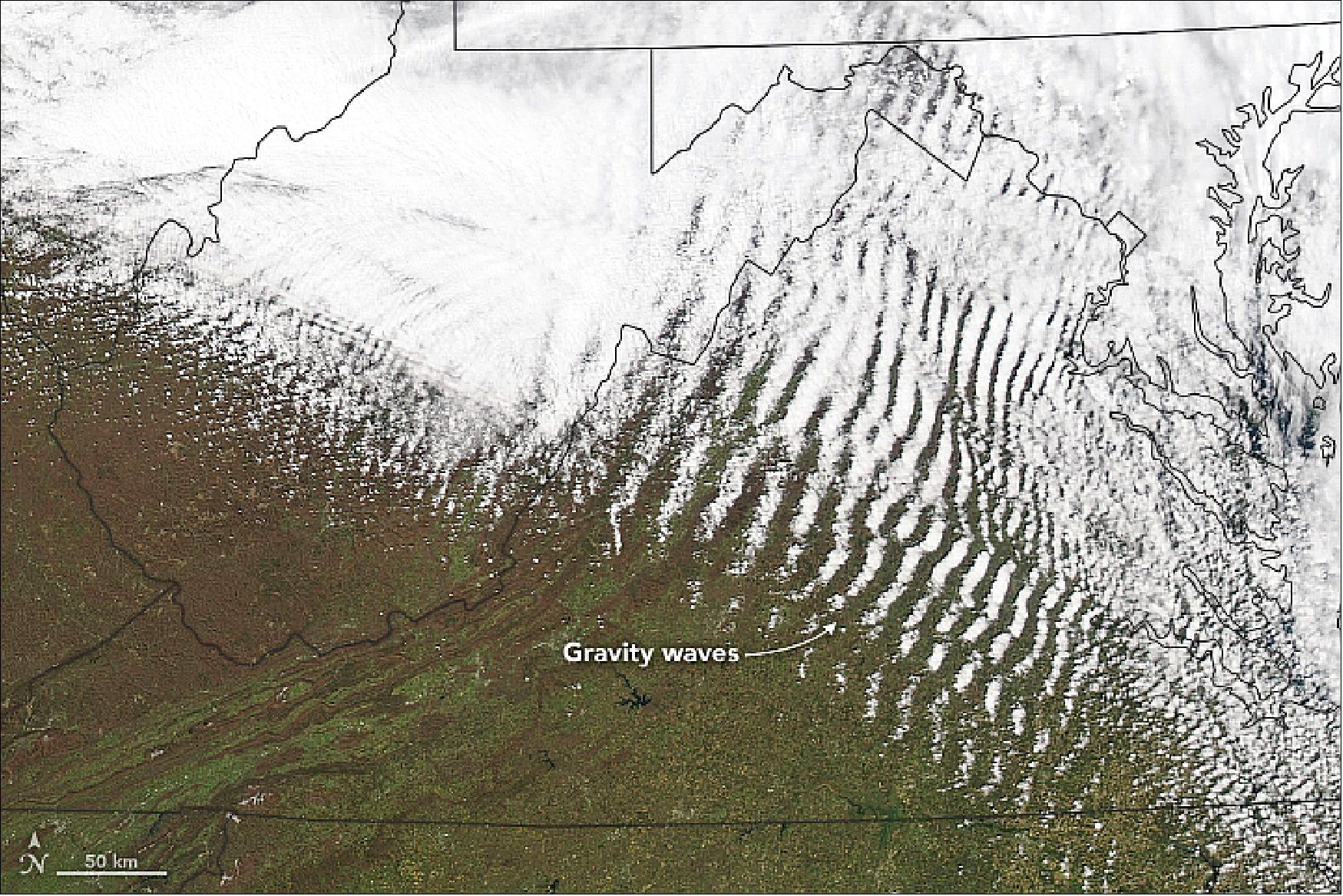Figure 72: MODIS on NASA's Aqua satellite captured this image of the wave clouds. Below the clouds, signs of spring washed through the region, with forests in the Piedmont of North Carolina and Virginia showing widespread greening even as the cooler mountain areas remained brown. In the large image, the abundance of farms in the coastal plain gives that region a yellower color (image credit: NASA Earth Observatory, image by Joshua Stevens, using MODIS data from LANCE/EOSDIS Rapid Response, story by Adam Voiland)