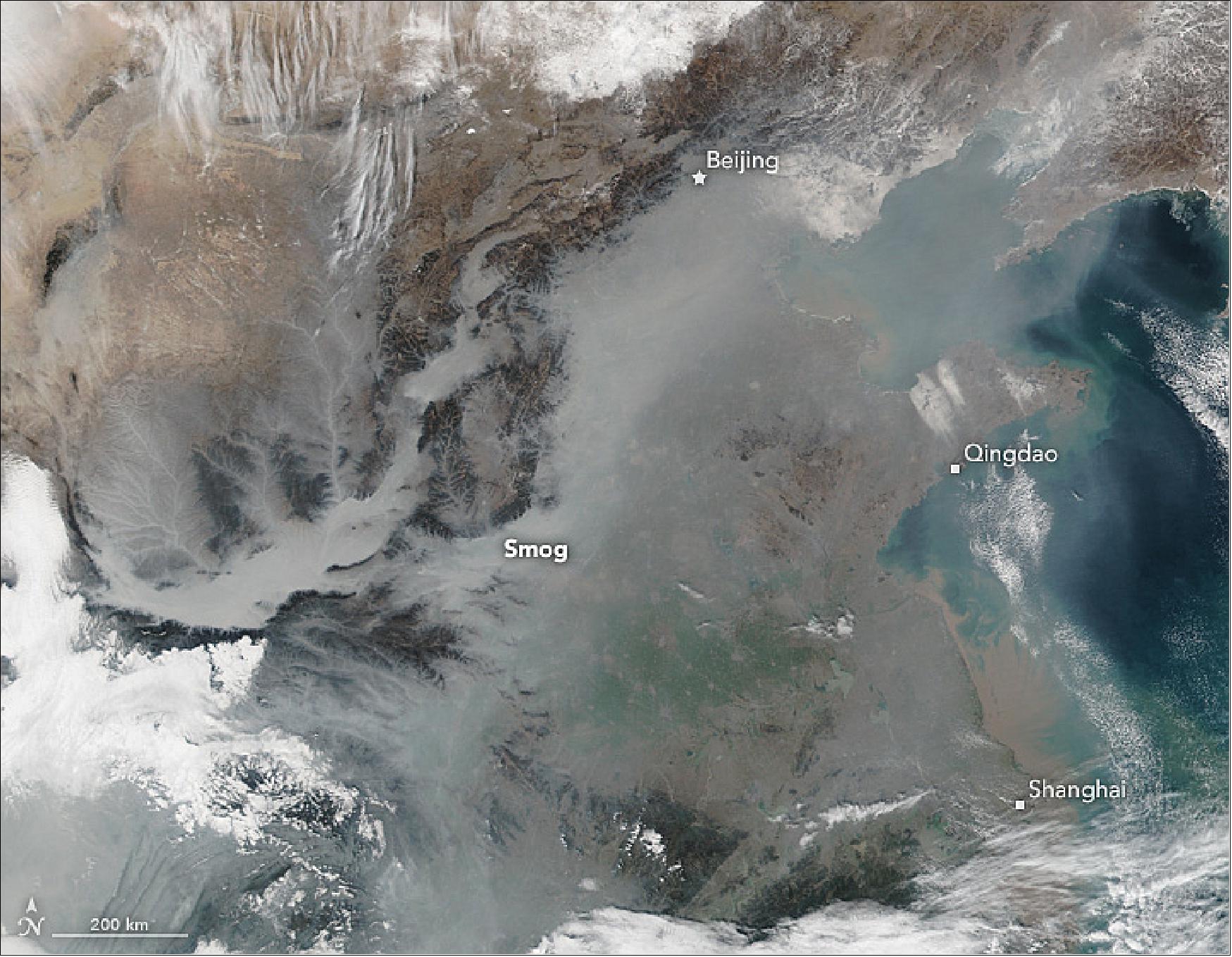 Figure 71: This natural-color image above shows thick haze over eastern China on January 25, 2017, as observed by the Visible Infrared Imaging Radiometer Suite (VIIRS) on the Suomi NPP satellite. Milky, gray smog blankets many of the valleys and lowlands. Atmospheric gases and pollutants are trapped near the surface in basins and valleys (image credit: NASA image by Jeff Schmaltz, LANCE/EOSDIS Rapid Response, story by Kasha Patel)