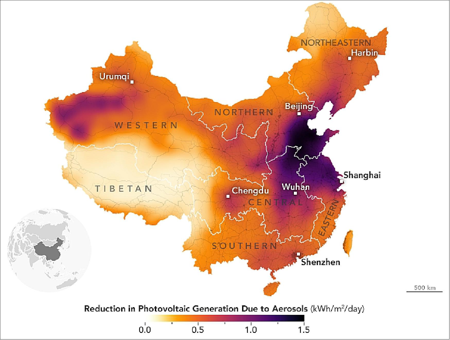 Figure 69: Study of the reduction in photovoltaic generation in China due to aerosols as observed by CERES on NASA's Aqua satellite in the period 2003-2014 (image credit: NASA Earth Observatory image by Joshua Stevens, using data from Li, Xiaoyuan, et al. (2017)