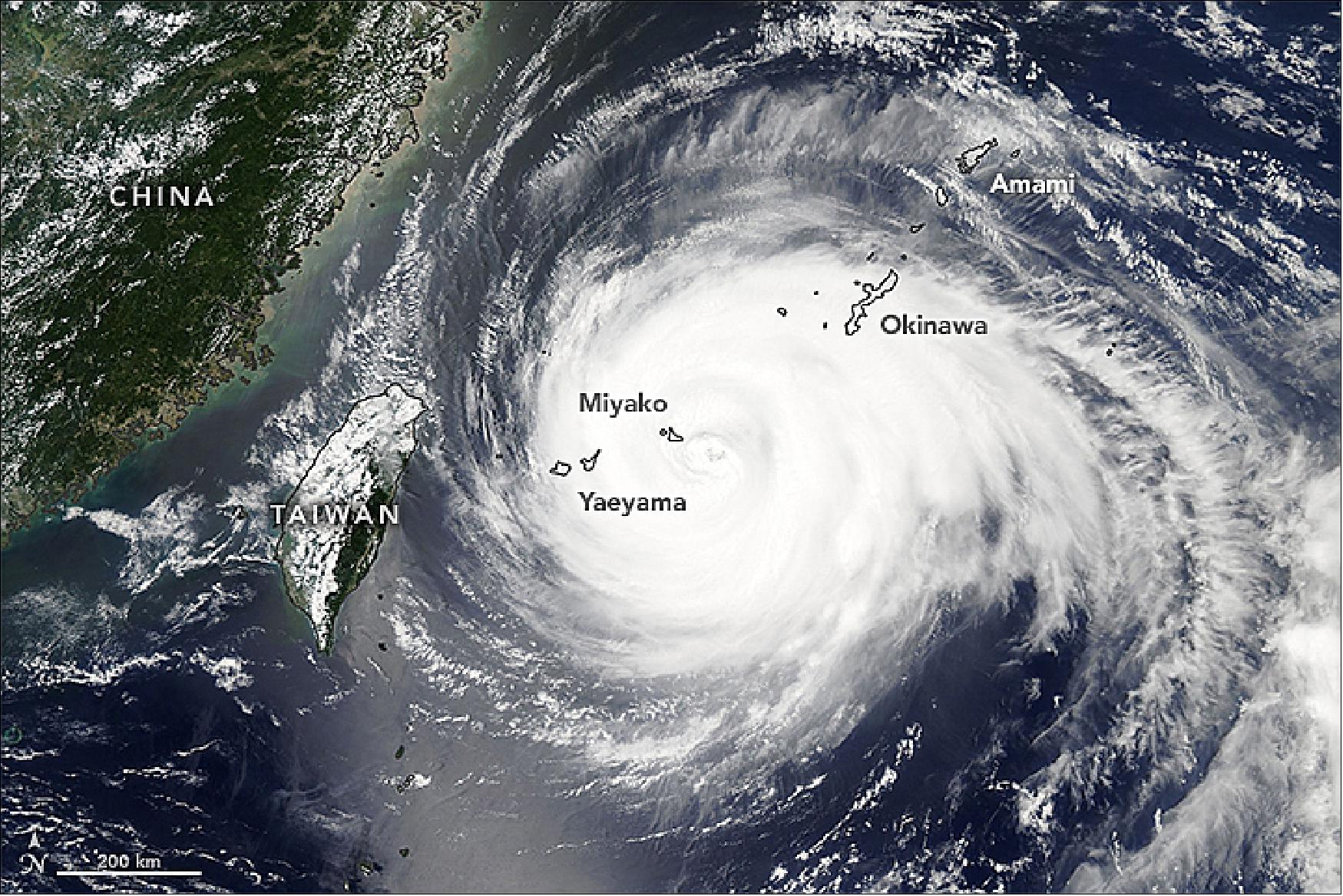 Figure 67: This image of Typhoon Maria was acquired on July 10, 2018, by the MODIS instrument on NASA’s Aqua satellite. The storm already passed by Guam, knocking out power before passing over Japan’s southern Ryukyu Islands. The storm was headed for the northern tip of Taiwan and towards the Fujian and Zhejiang provinces of China (image credit: NASA Earth Observatory image by Lauren Dauphin, using MODIS data from LANCE/EOSDIS Rapid Response, story by Kasha Patel)