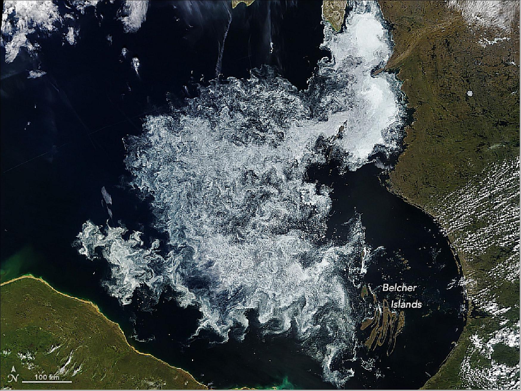 Figure 66: Sea ice can linger on Hudson Bay into the summer, but it is usually gone by mid-August (image credit: NASA Earth Observatory, image by Joshua Stevens, using MODIS data from LANCE/EOSDIS Rapid Response, story by Adam Voiland)