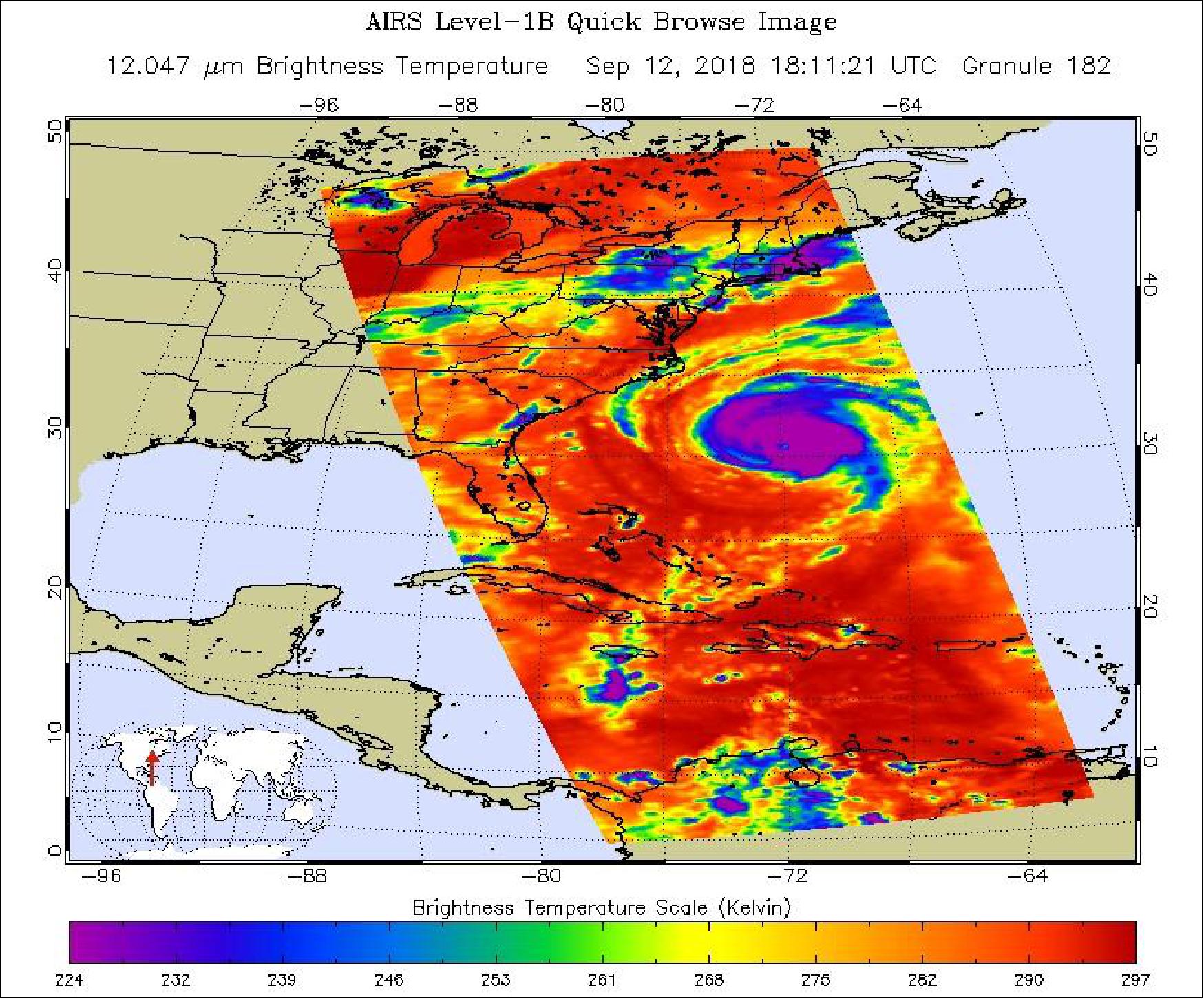 Figure 61: This image shows Hurricane Florence in infrared light, and was taken at 1:35 p.m. local time on Wednesday, September 12, 2018 by AIRS on board NASA's Aqua satellite. Florence underwent rapid intensification from Category 2 to Category 4 yesterday and was a Category 3 storm as of Wednesday evening (image credit: NASA/JPL-Caltech)