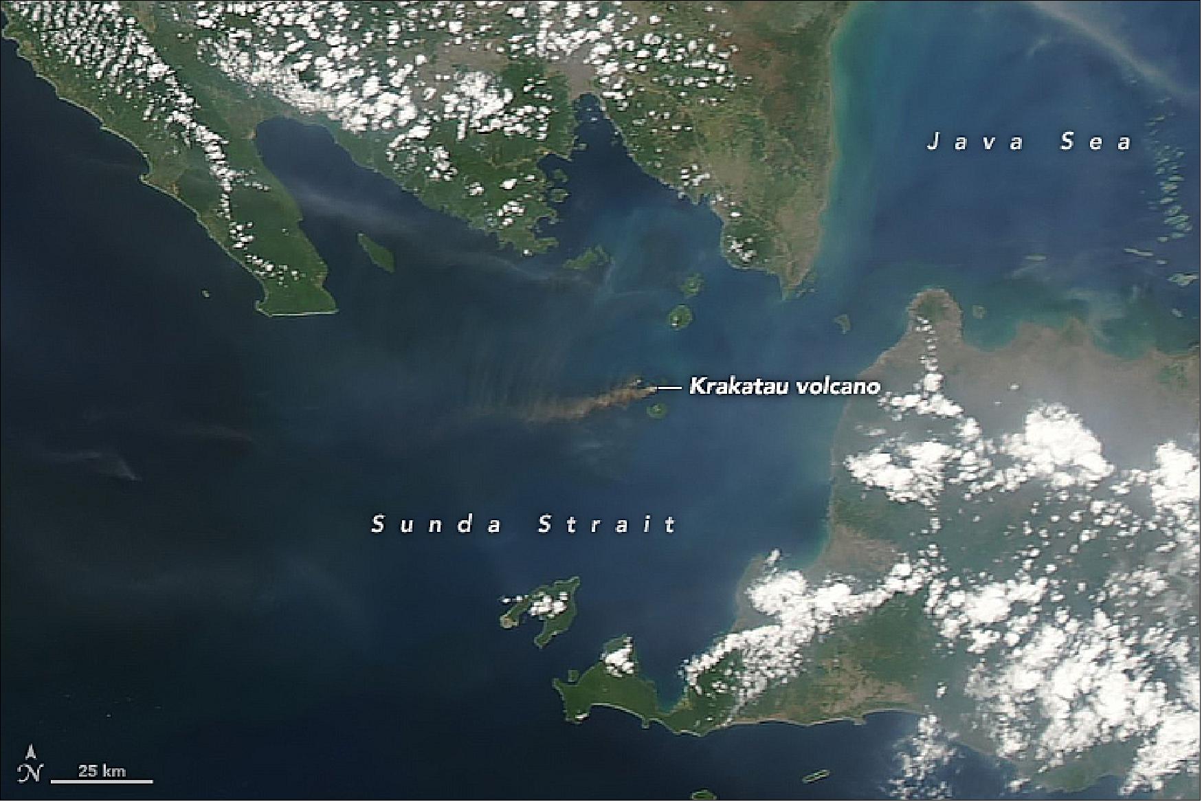Figure 56: MODIS on NASA's Aqua satellite acquired the wide view of Krakatau on 24 September 2018. Volcanic ash and steam are streaming southwest over the waters of the Sunda Strait (image credit: NASA Earth Observatory using MODIS data from NASA EOSDIS/LANCE and GIBS/Worldview, image by Joshua Stevens, story by Kathryn Hansen)