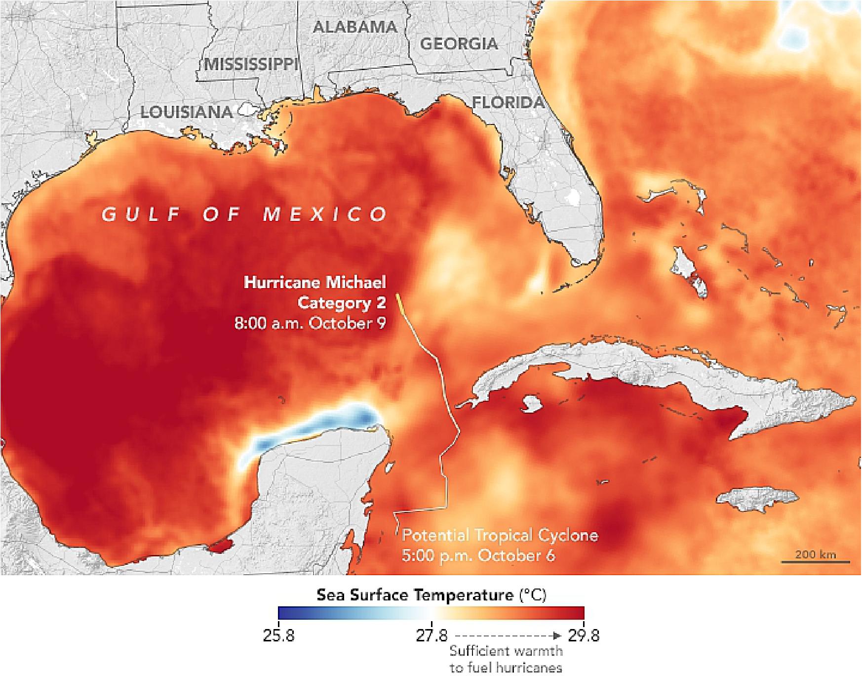 Figure 53: This map shows SSTs (Sea Surface Temperatures) on October 8-9, 2018. Meteorologists generally agree that SSTs should be above 27.8ºC to sustain and intensify hurricanes (although there are some exceptions). The data for the map were compiled by Coral Reef Watch, which blends observations from the Suomi NPP, MTSAT, Meteosat, and GOES satellites and computer models. Information about the storm track and winds come from the National Hurricane Center (image credit: NASA Earth Observatory, image by Joshua Stevens and Lauren Dauphin using SST data from Coral Reef Watch, story by Adam Voiland)