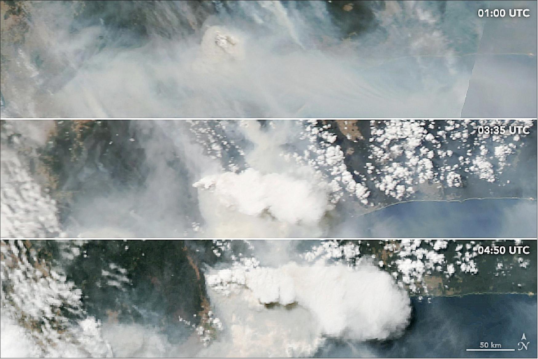 Figure 40: These natural-color images were acquired within a span of four hours on March 3, 2019. The first image comes from the MODIS instrument on NASA’s Terra satellite; the second from the Visible Infrared Imaging Radiometer Suite (VIIRS) on Suomi NPP; and the third from Aqua MODIS. The trio appears to show the formation of bright, tall pyrocumulus clouds. Ground-based photos (here and here) posted by the Australian Bureau of Meteorology seem to affirm that classification (image credit: NASA Earth Observatory, images by Lauren Dauphin, using MODIS data from NASA EOSDIS/LANCE and GIBS/Worldview and VIIRS data from the Suomi National Polar-orbiting Partnership, story by Mike Carlowicz)