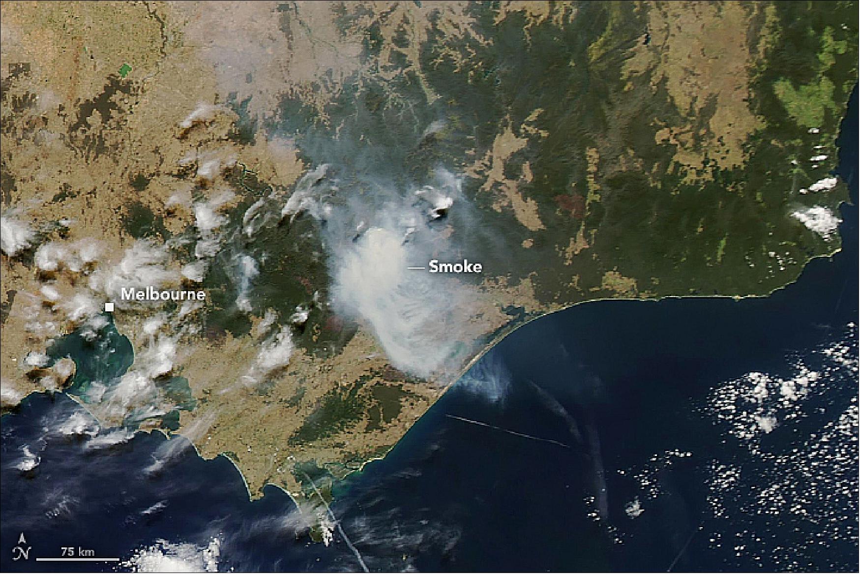 Figure 39: MODIS on NASA’s Aqua satellite acquired a natural-color image of smoke over Victoria on March 7, 2019. Government agencies reported 18 fires were still burning in the state that day, despite two days of rain and cooler weather (image credit: NASA Earth Observatory image by Lauren Dauphin, using MODIS data from NASA EOSDIS/LANCE and GIBS/Worldview, story by Mike Carlowicz)