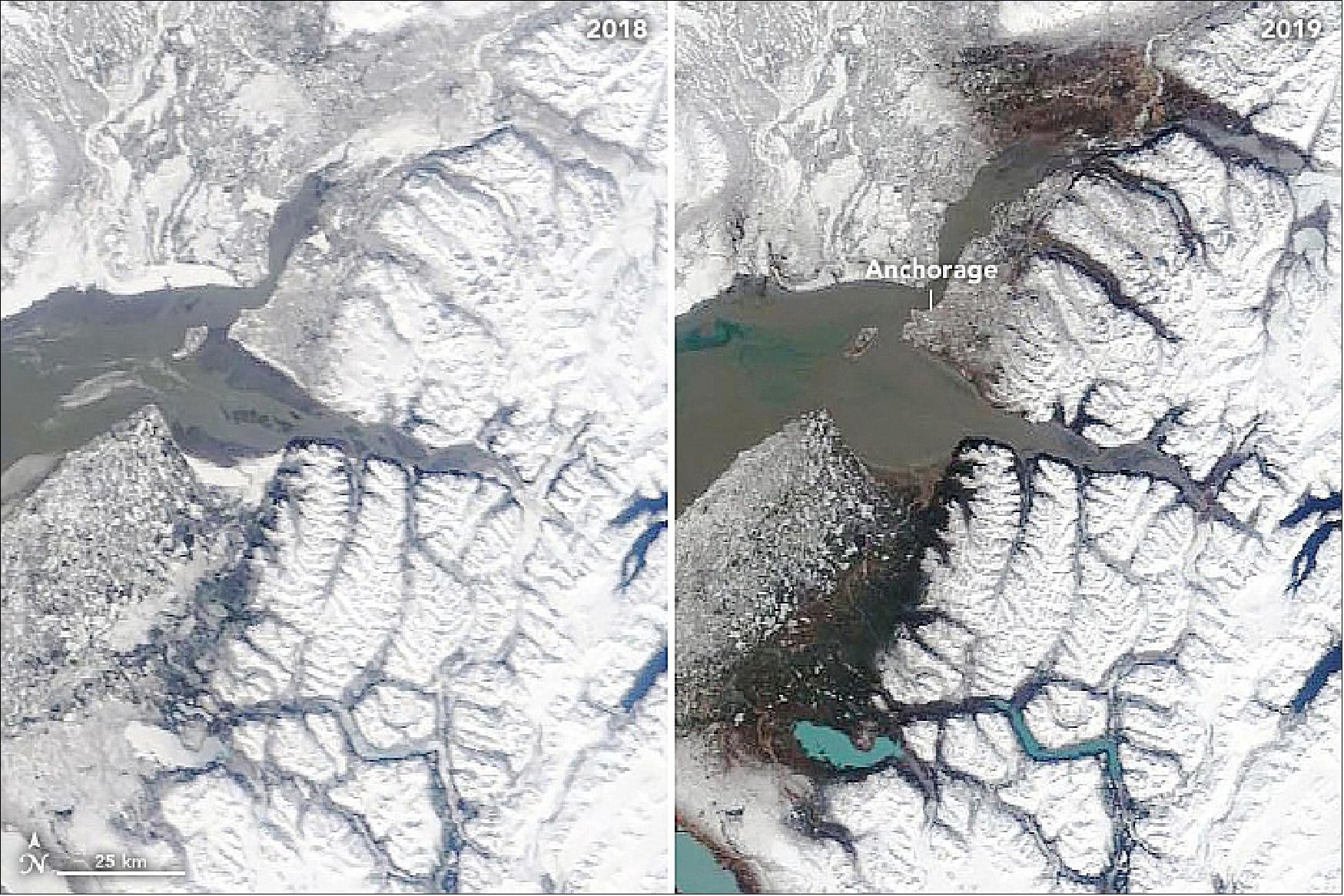 Figure 38: While the north and northwest parts of the state were wetter than usual, other parts were unusually dry. These natural-color images, acquired with MODIS on NASA’s Terra satellite, show Anchorage on March 30, 2018 (left), and March 30, 2019 (right). According to reports, March 2019 is only the second time on record that there was no measurable snowfall in Anchorage during the month (image credit: NASA Earth Observatory, image by Lauren Dauphin, using MODIS data from NASA EOSDIS/LANCE and GIBS/Worldview and data from the Level 1 and Atmospheres Active Distribution System (LAADS) and Land Atmosphere Near real-time Capability for EOS (LANCE). Story by Kathryn Hansen)