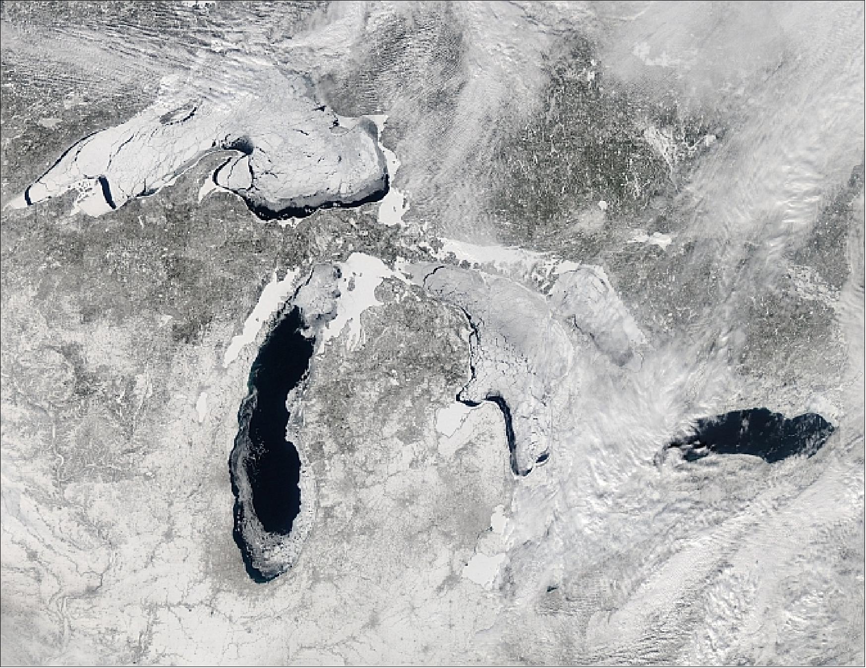 Figure 131: This image, acquired with MODIS on the Aqua satellite, shows the Great Lakes on Feb. 19, 2014, when ice covered 80.3% of the lakes (image credit: Jeff Schmaltz, LANCE/EOSDIS MODIS Rapid Response Team, NASA)