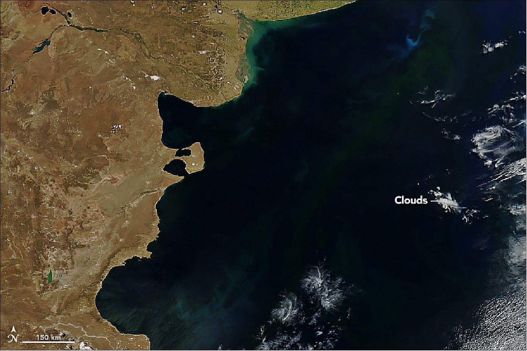 Figure 33: The MODIS image of NASA's Aqua satellite acquired in this dynamic patch of ocean on 15 February 2019. In this natural-color image, we see very faint traces of green and milky blue amidst the inky blue-black of the deep ocean.