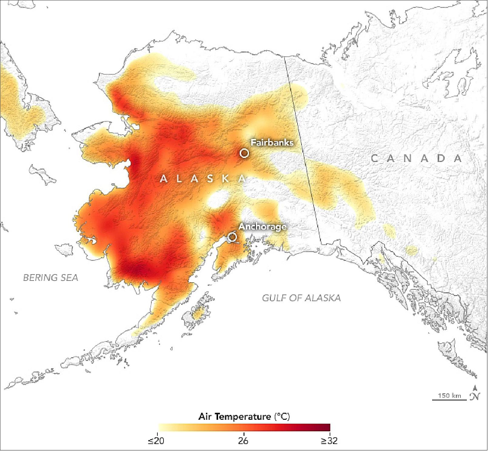 Figure 26: Record-breaking heat has exacerbated clusters of wildfires burning throughout the state. This map shows air temperatures at 2 meters above the ground on July 8, 2019. The near real-time temperature data come from the GEOS forward processing (GEOS-FP) model, which assimilates observations of air temperature, moisture, pressure, and wind speeds from satellites, aircraft, and ground-based observing systems. The darkest red areas had temperatures approaching 32ºC (90ºF), image credit: NASA Earth Observatory, image by Lauren Dauphin, using MODIS data from NASA EOSDIS/LANCE and GIBS/Worldview and GEOS-5 data from the Global Modeling and Assimilation Office at NASA GSFC. Story by Adam Voiland.