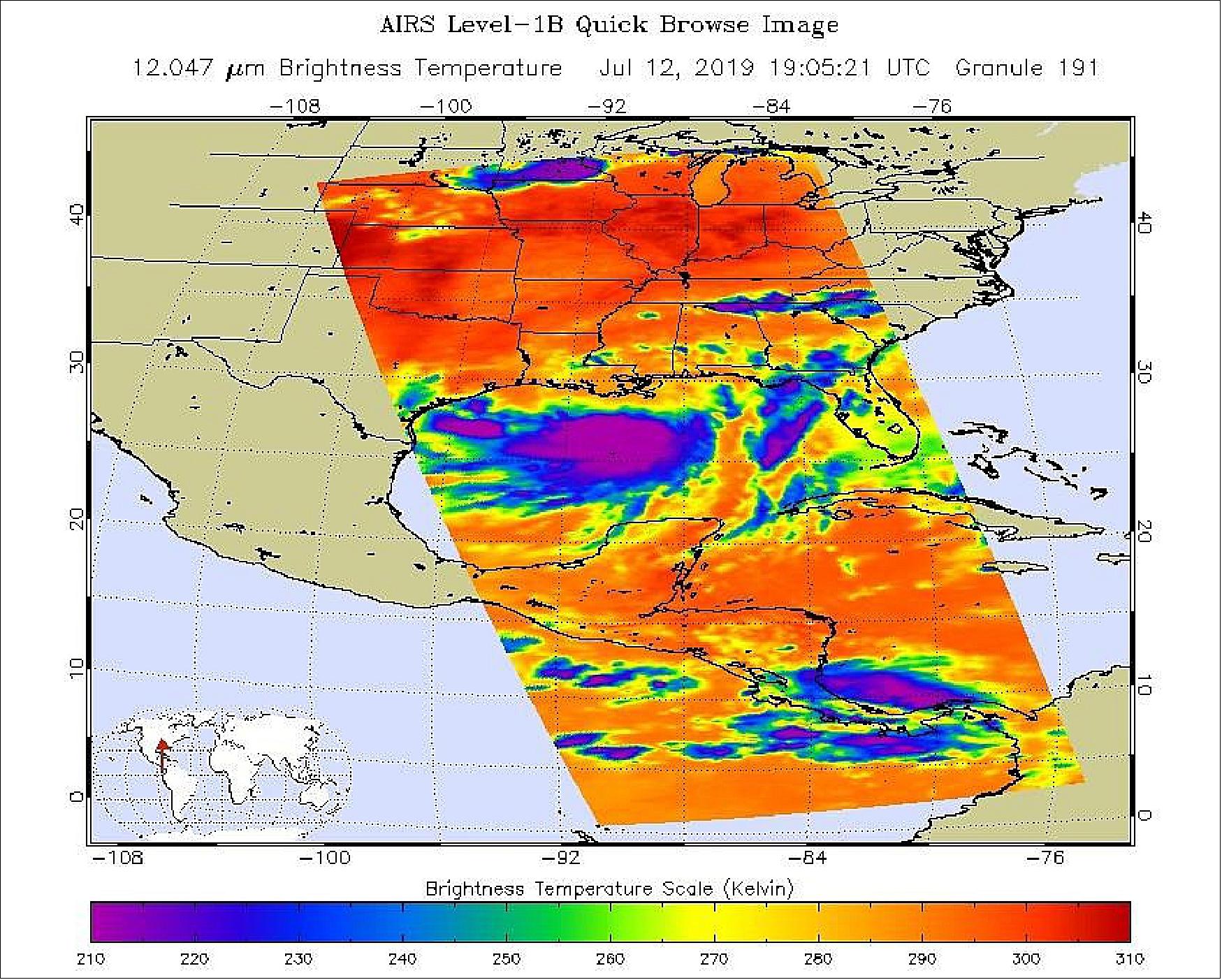 Figure 25: NASA's AIRS instrument imaged Tropical Storm Barry on the afternoon of July 12, 2019, a day before the storm is expected to make landfall on the Louisiana Coast. The infrared image shows very cold clouds that have been carried high into the atmosphere by deep thunderstorms in purple. These clouds are associated with heavy rainfall. Warmer areas with shallower rain clouds are shown in blue and green. And the orange and red areas represent mostly cloud-free air (image credit: NASA/JPL-Caltech)