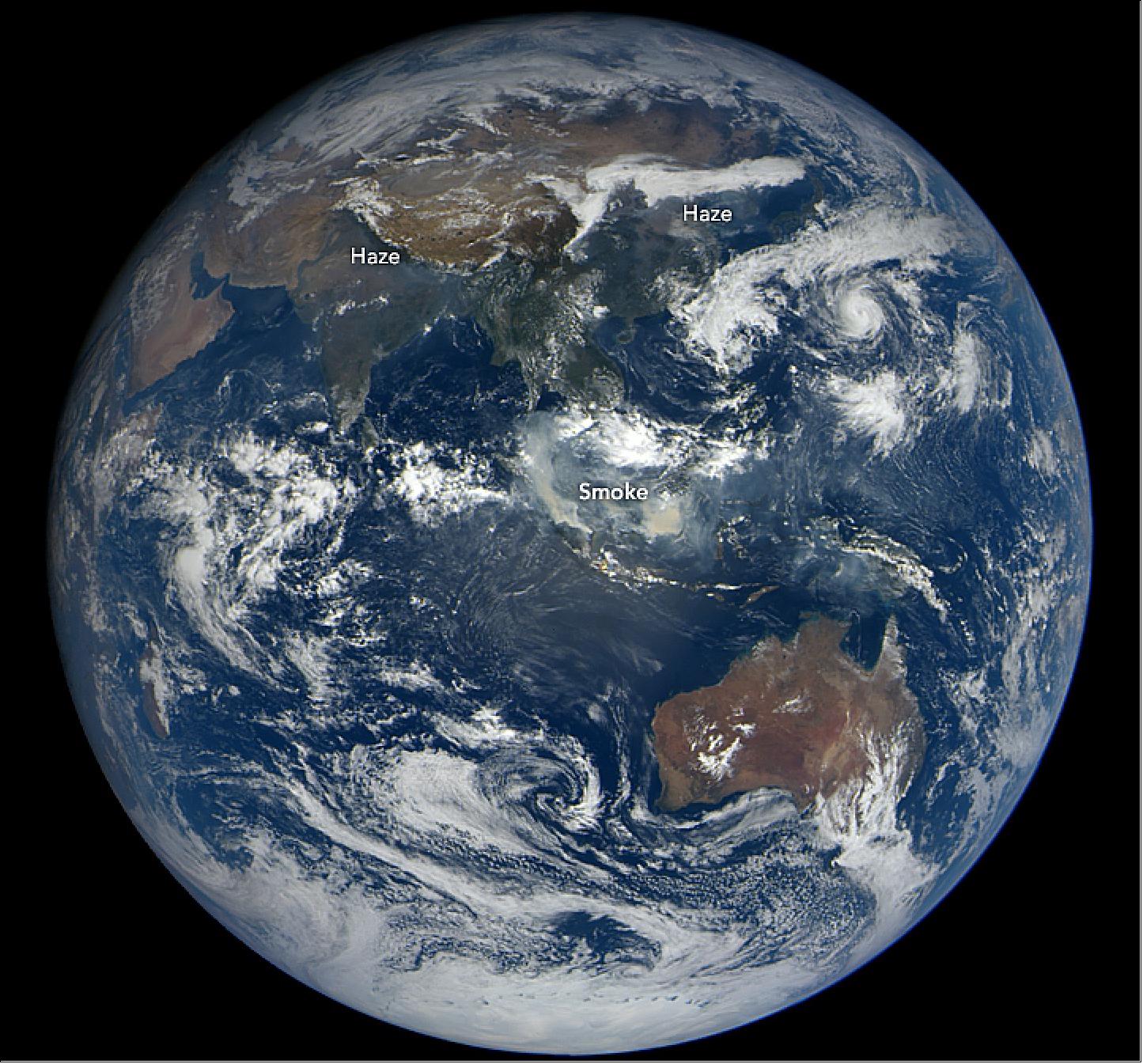 Figure 21: On October, 25, 2015, the EPIC (Earth Polychromatic Imaging Camera) aboard the DSCOVR satellite acquired an image of heavy smoke over Indonesia; El Niño was particularly active at the time (image credit: NASA Earth Observatory)