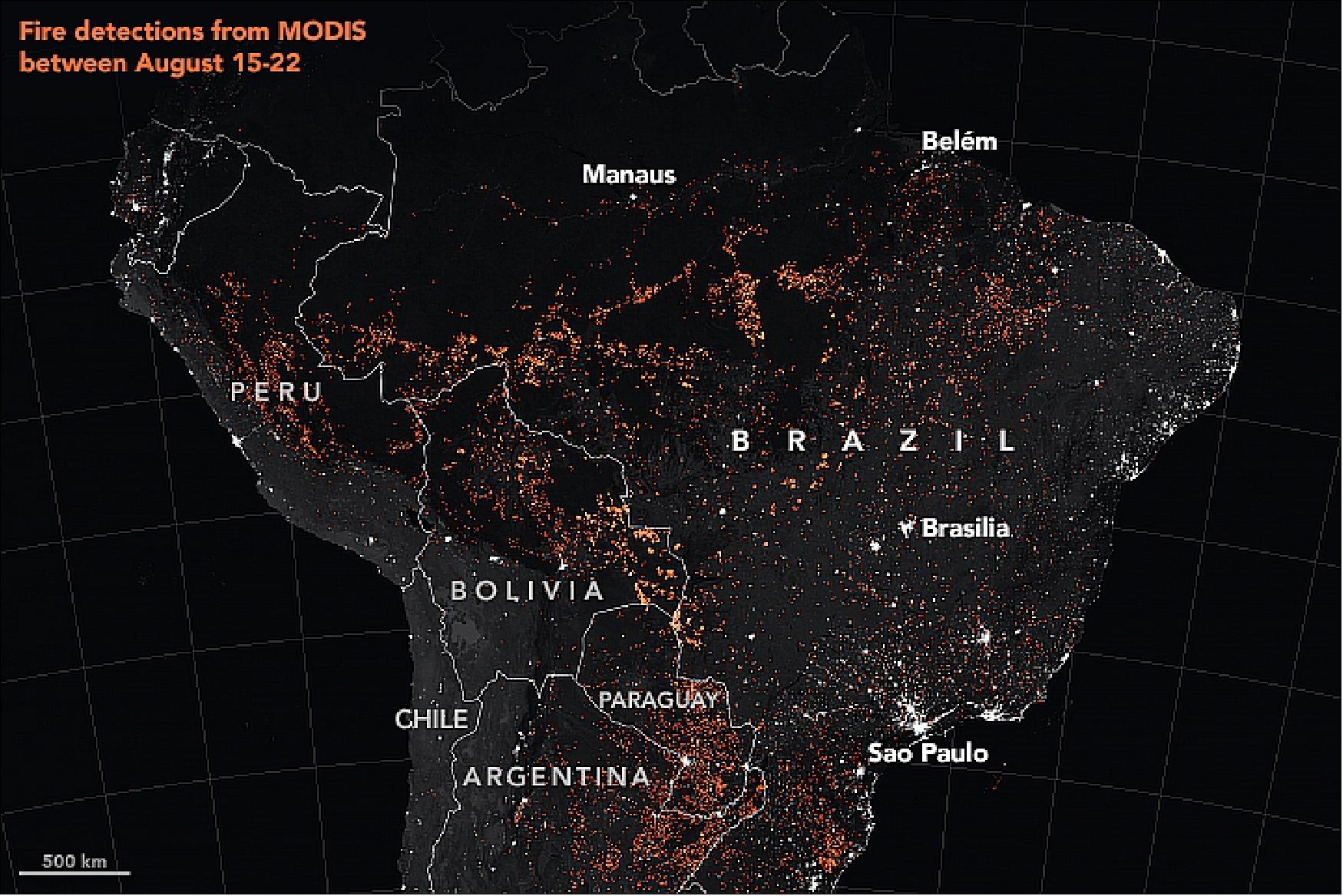 Figure 15: This map shows active fire detections in Brazil as observed by Aqua and Terra MODIS between August 15-22, 2019. The locations of the fires, shown in orange, have been overlain on nighttime imagery acquired by the VIIRS instrument on Suomi NPP. In these data, cities and towns appear white; forested areas appear black; and tropical savannas and woodland (known in Brazil as Cerrado) appear gray. Note that fire detections in the Brazilian states of Pará and Amazonas are concentrated in bands along the highways BR-163 and BR-230 (image credit: NASA Earth Observatory, image by Joshua Stevens, using MODIS data from NASA EOSDIS/LANCE and GIBS/Worldview, Fire Information for Resource Management System (FIRMS) data from NASA EOSDIS, and data from the Global Fire Emissions Database (GFED). Story by Adam Voiland, with information from Douglas Morton)