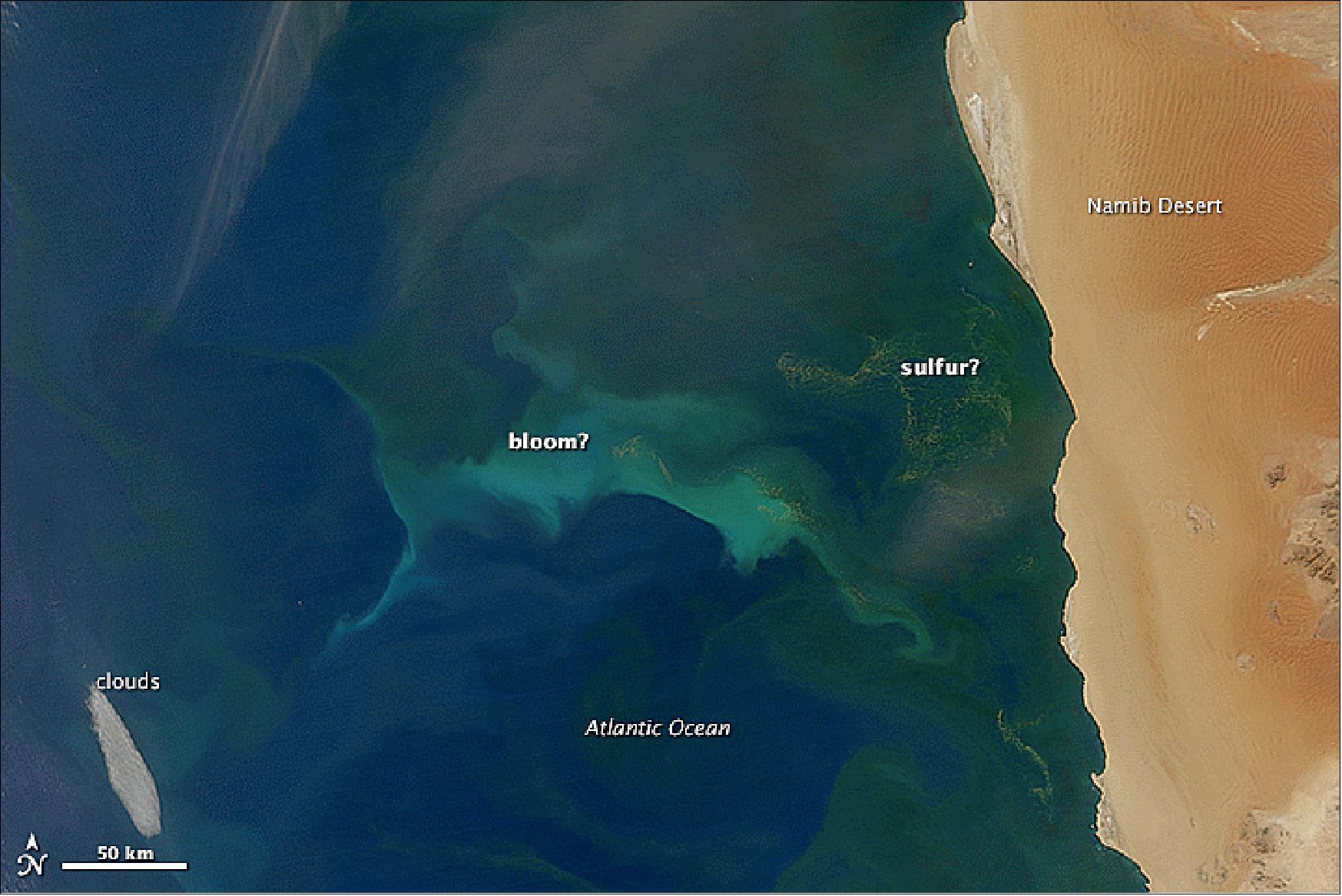 Figure 130: Plankton and Sulfur in the Benguela Current; this MODIS image was acquired on April 10, 2014 (image credit: NASA Earth Observatory)