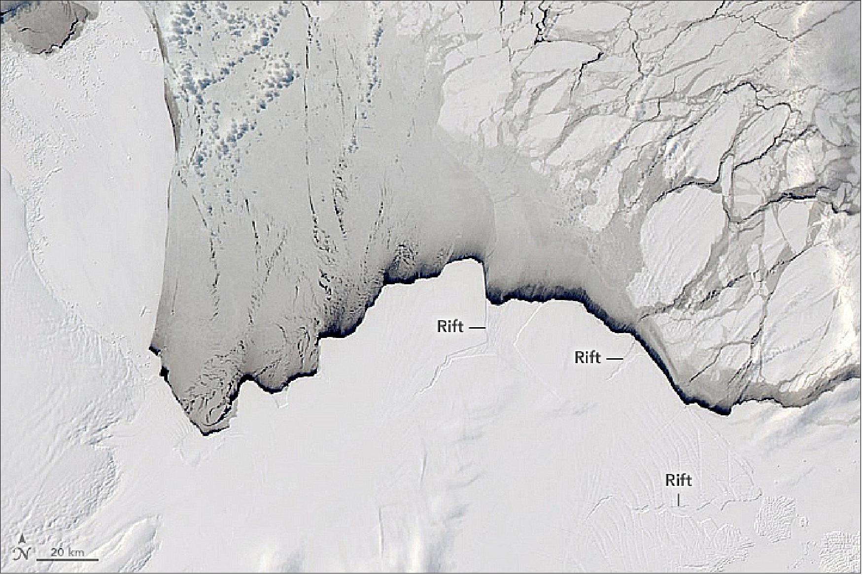 Figure 12: NASA snow and ice scientist Catherine Walker, and colleagues Helen Fricker (Scripps/UCSD) and Jeremy Bassis (University of Michigan), have taken another approach. They use satellite data to study the large systems of rifts that propagate across ice shelves as a precursor to calving. Over the past 20 years, rifts at Amery have been the most active—growing faster and more continuously than any other ice shelf around Antarctica. MODIS image as of 13 September 2019 (image credit: NASA Earth Observatory image by Lauren Dauphin, using MODIS data from NASA EOSDIS/LANCE and GIBS/Worldview. Story by Kathryn Hansen)